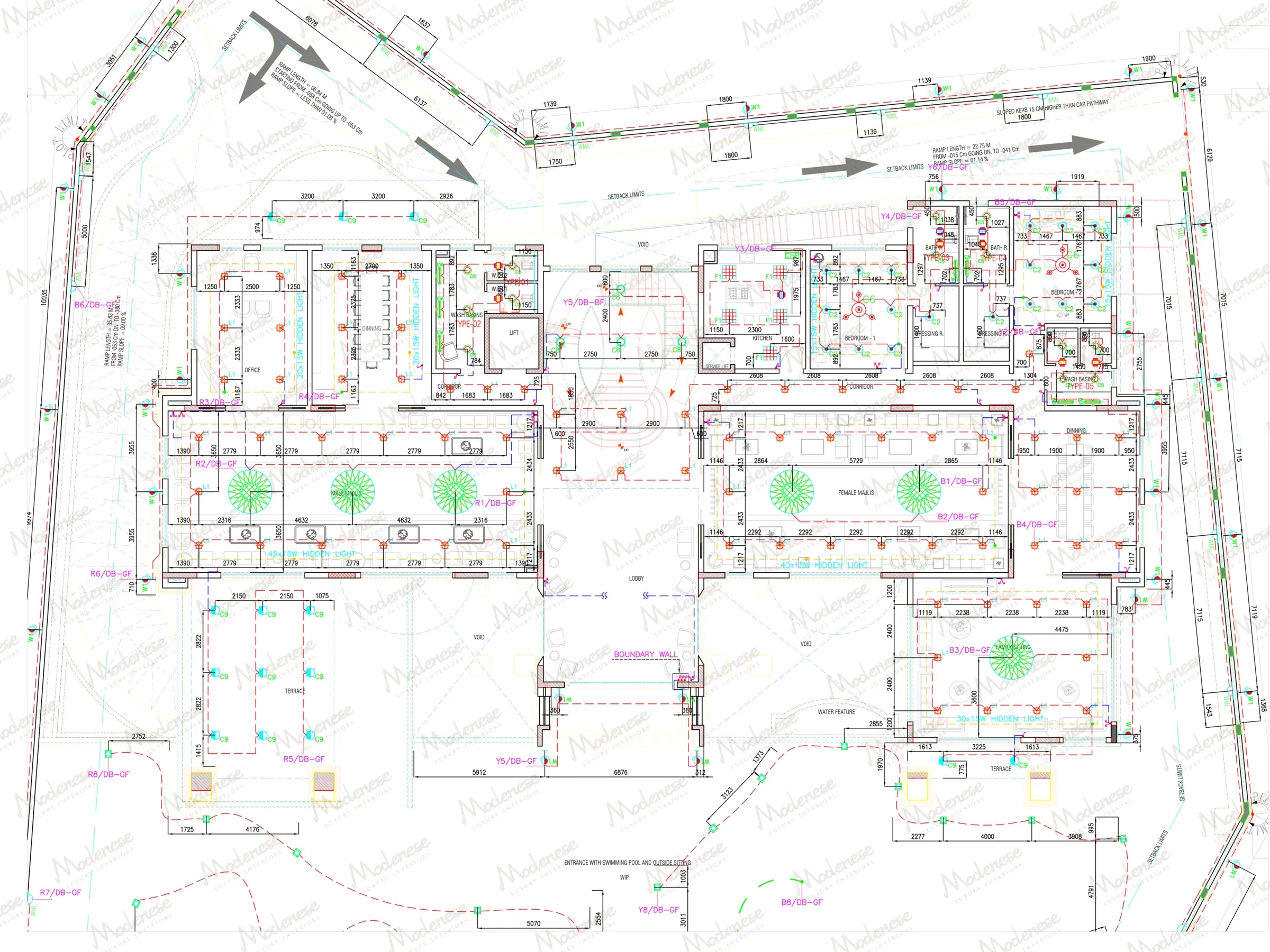 Full architectural site plan of a Milan complex showing building layouts, green zones, utilities, and circulation paths