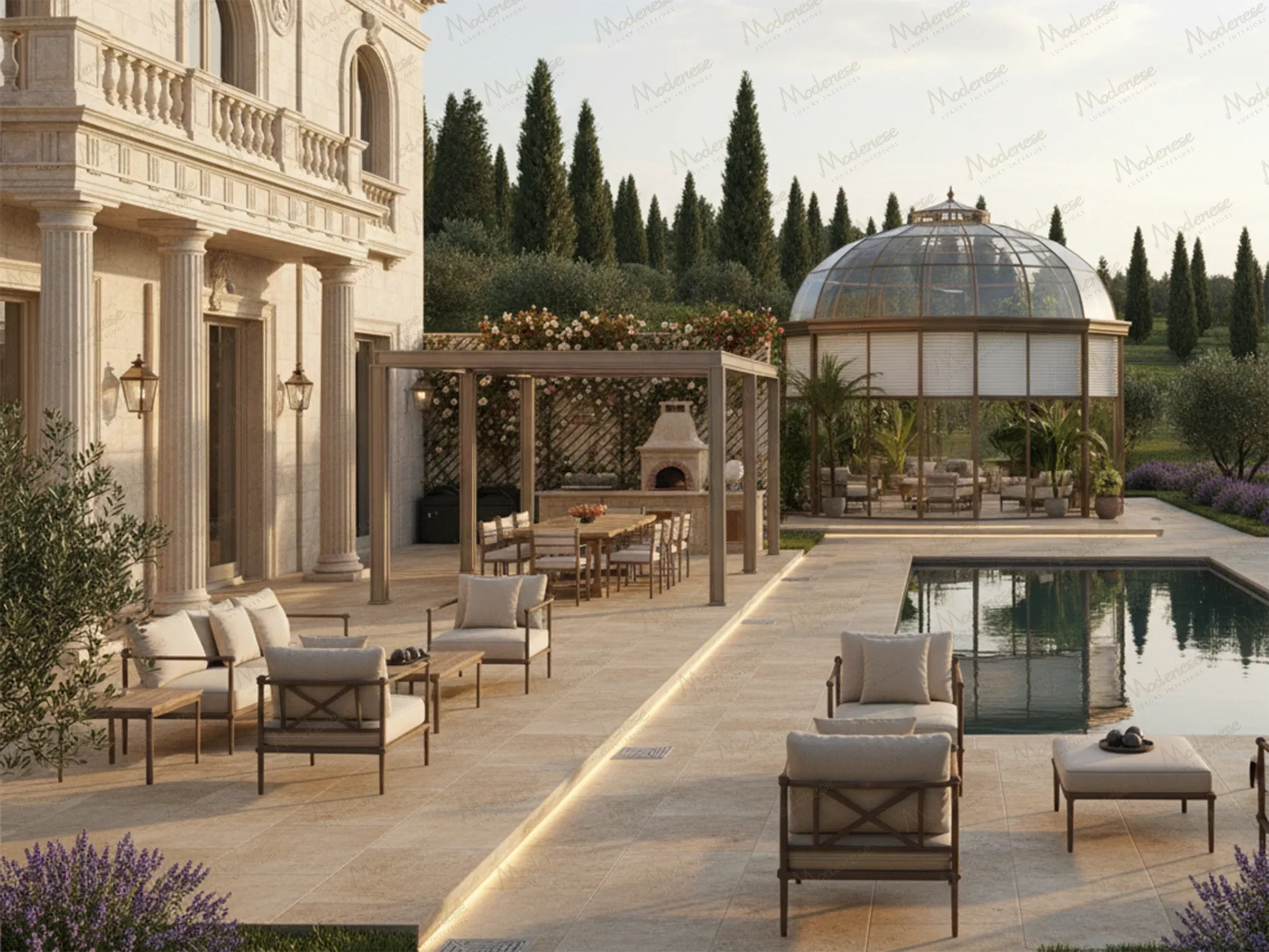 Elegant Milan terrace with neoclassical façade, poolside seating, pergola dining area, and domed glass pavilion surrounded by cypress trees