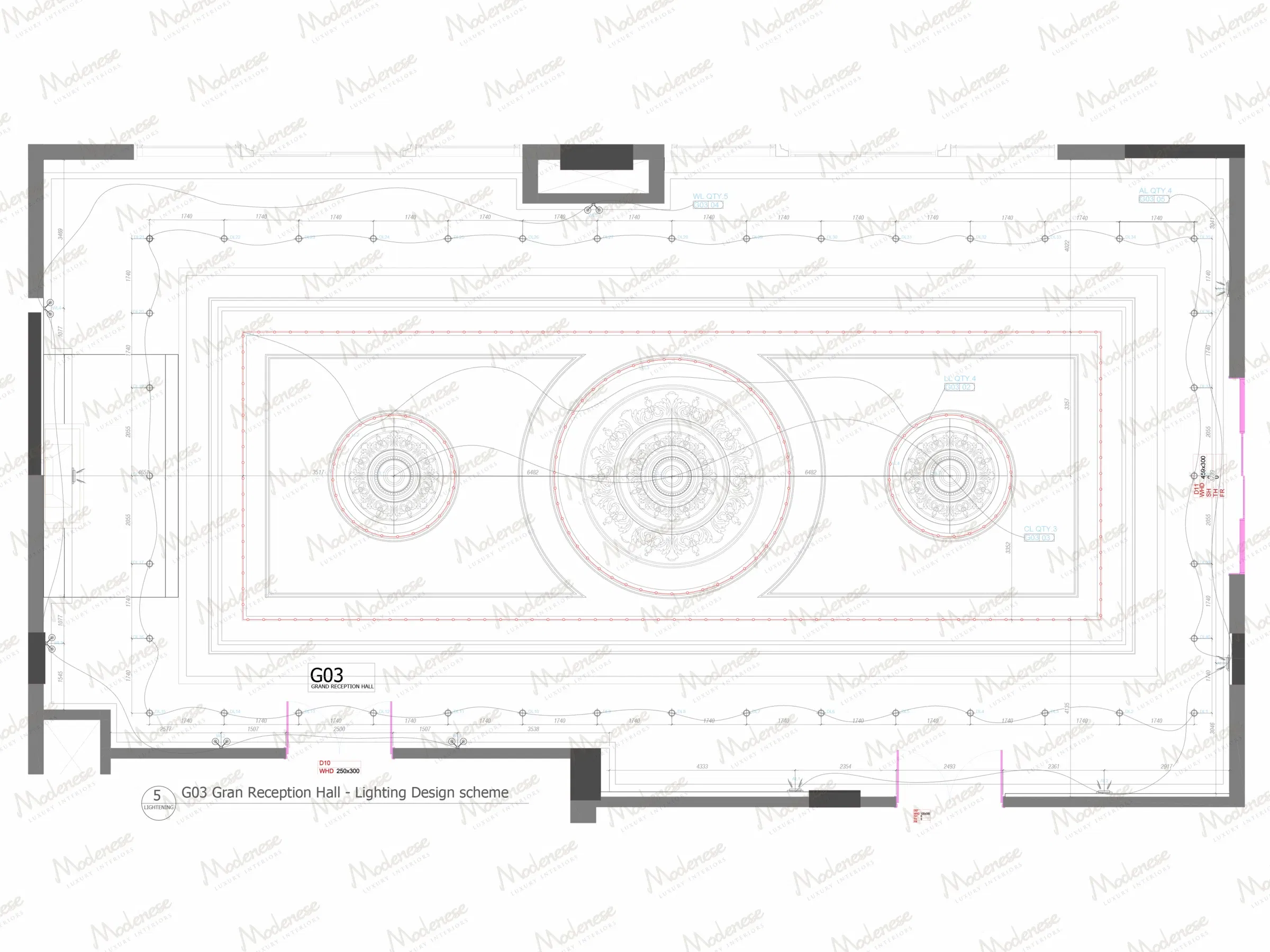 尼日利亚总统府宏伟接待厅的二维照明布局图，包括吊灯位置和电路标注