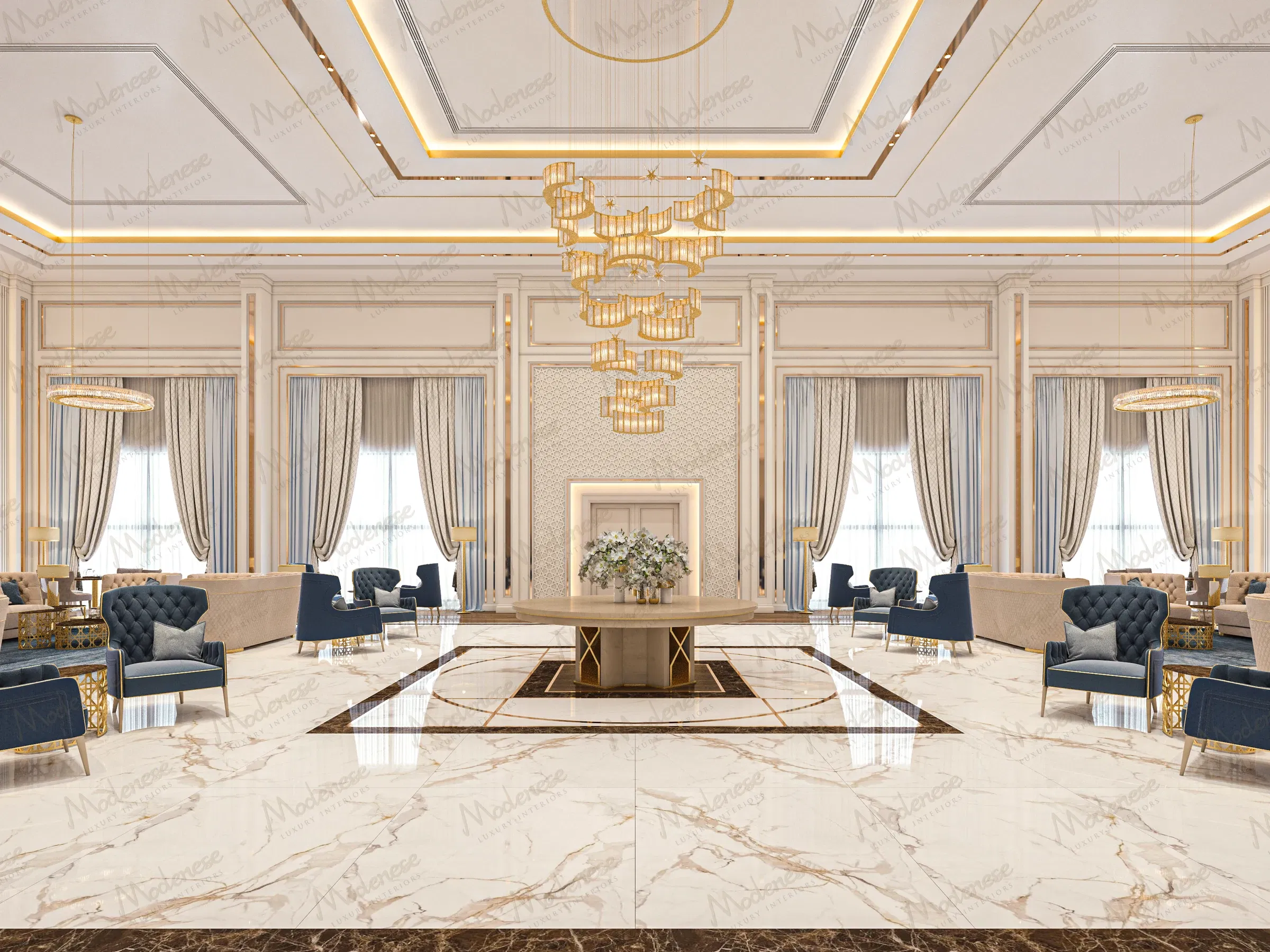阿布扎比豪华酒店大堂，配有大理石地板、海军天鹅绒座椅和现代金色吊灯，吊顶为盒格天花板