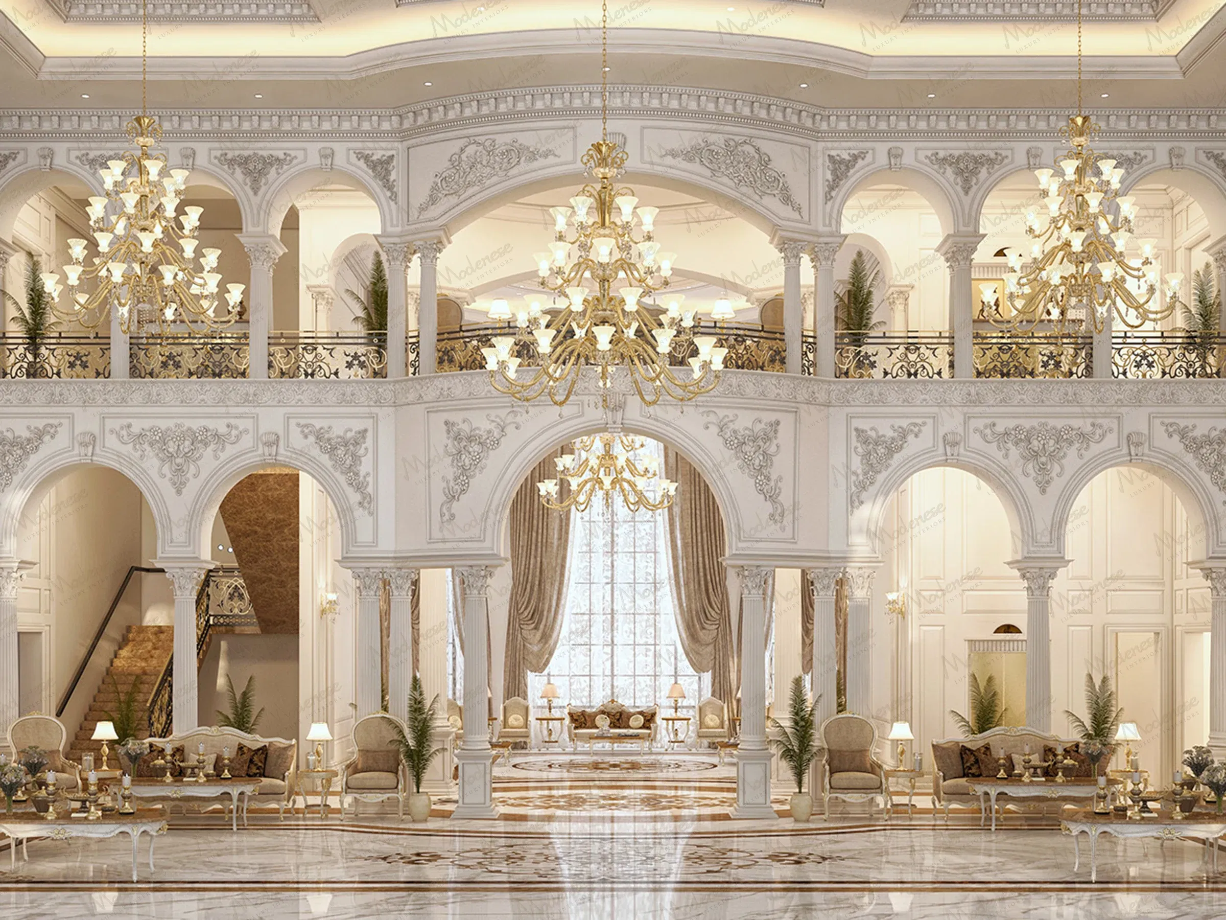 Opulent two-story classical hall interior in Milan with grand chandeliers, arched columns, carved moldings, and elegant seating arrangements
