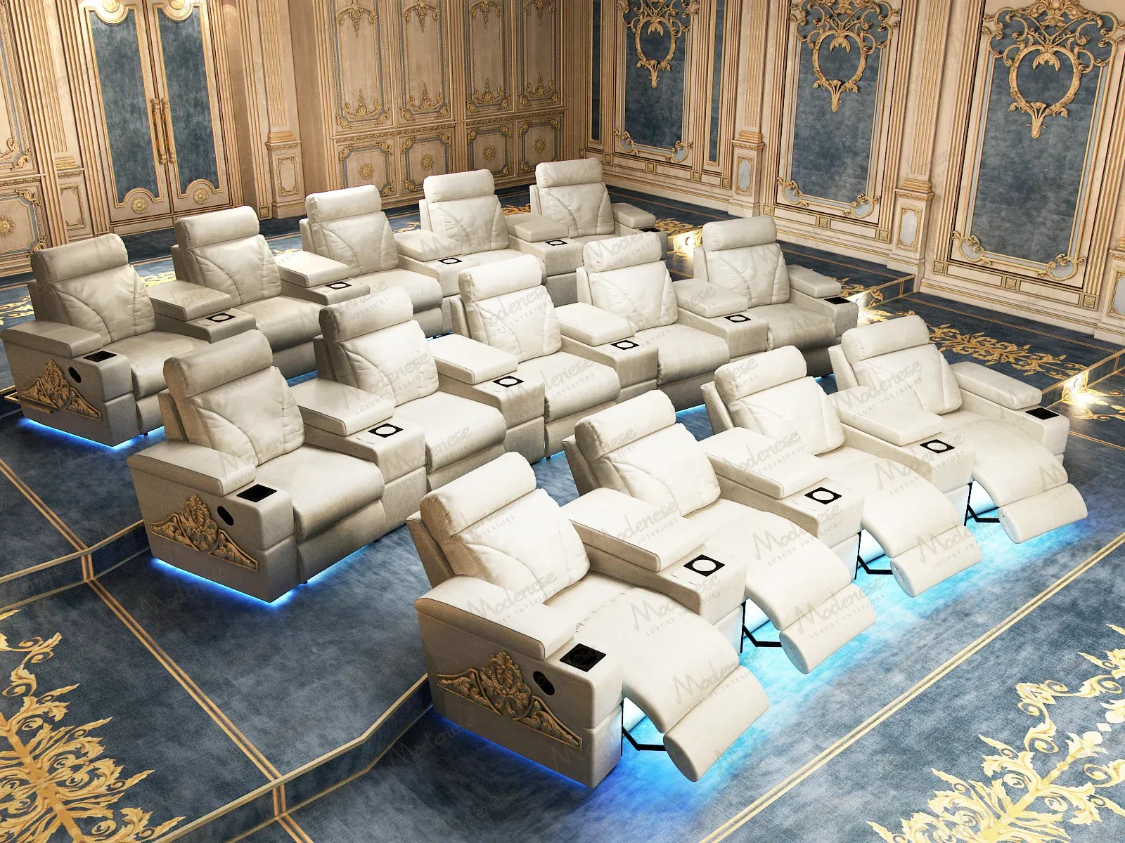 豪华影院的阶梯式座位视图，配备舒适的躺椅、金色刺绣和深蓝色图案地毯上的照明底座