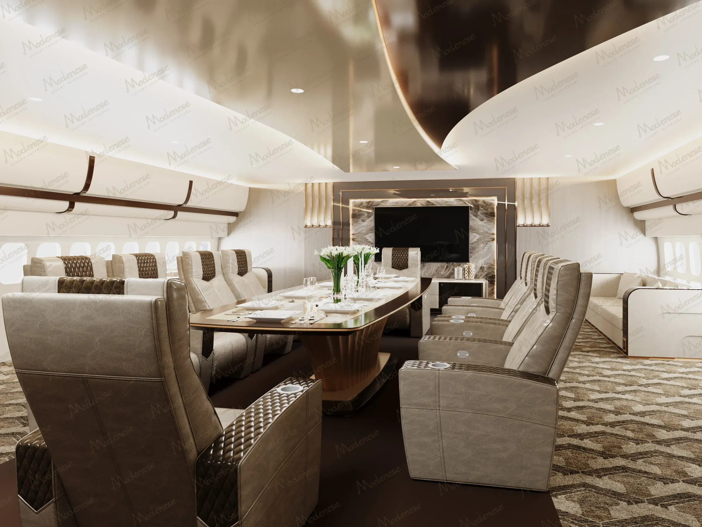 Cabine de jet privé ultra-luxueuse avec une table de salle à manger centrale, des sièges inclinables moelleux, un éclairage d'ambiance et un grand écran de divertissement