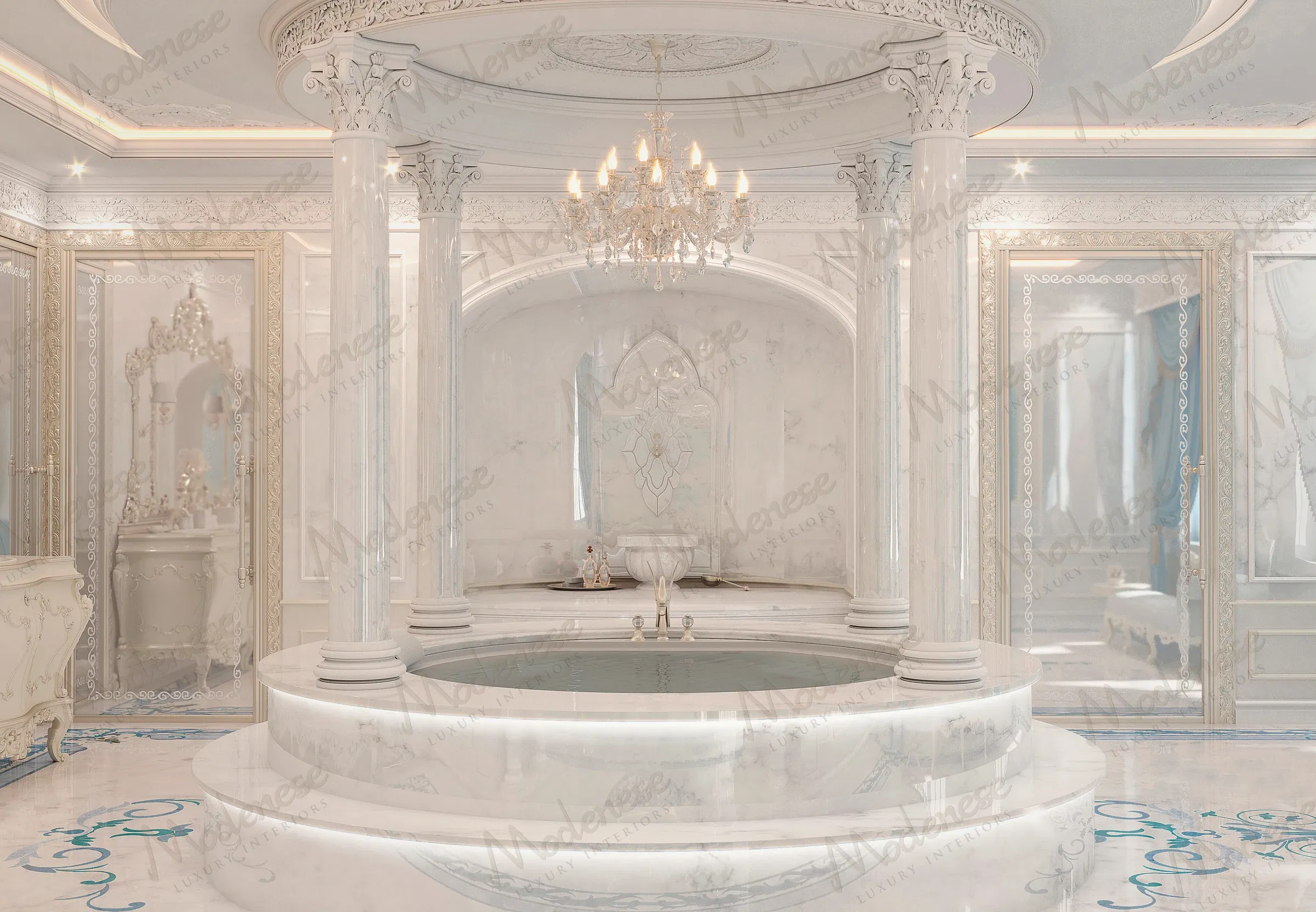 Luxueuse salle de bain en marbre à Lagos avec une baignoire circulaire, des moulures de plafond complexes et un grand lustre au-dessus d'une alcôve en arc avec une fontaine en marbre