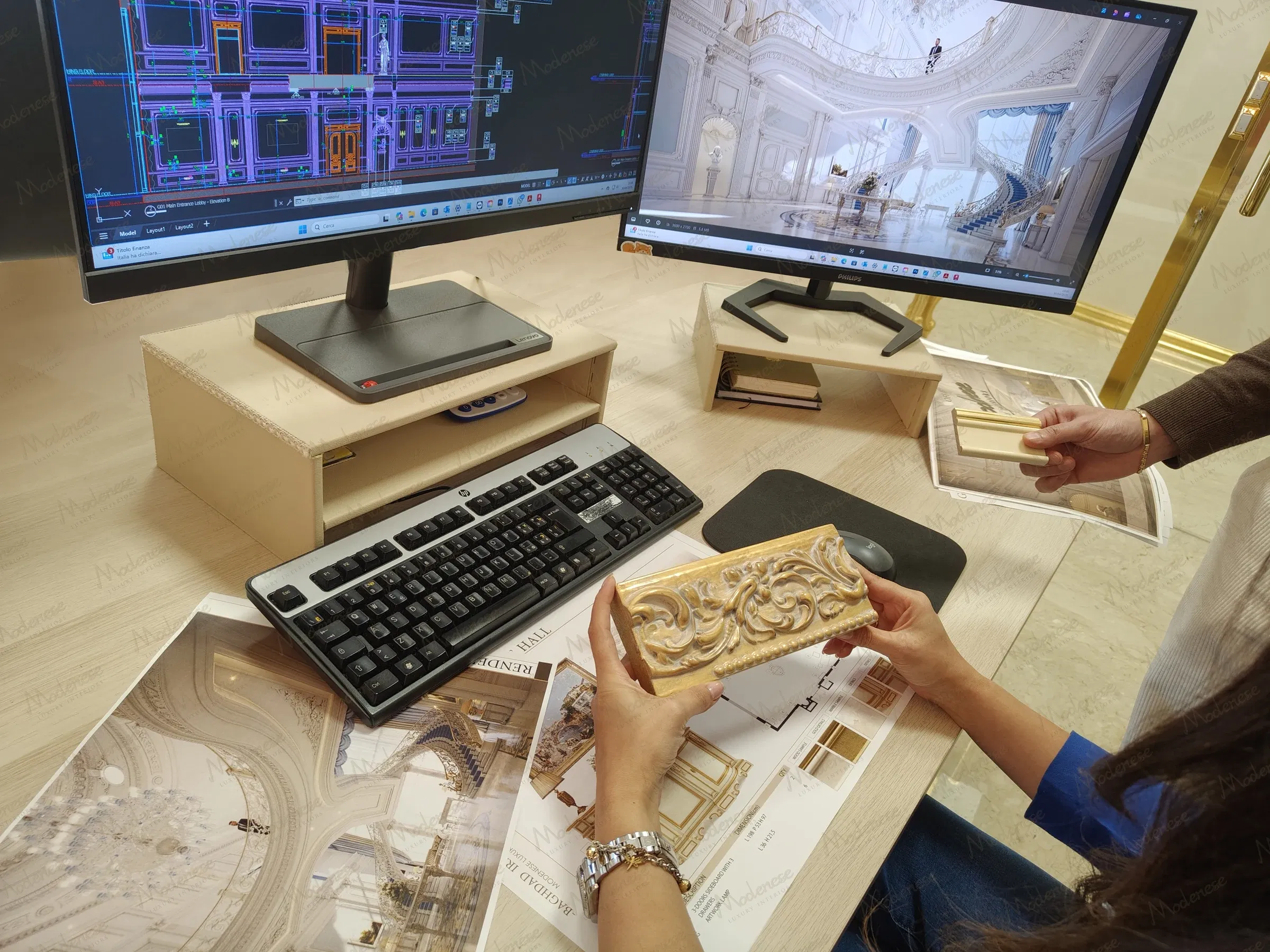 Modenese Luxury Interiors的设计师正在审查带有金色装饰的织物样品和装饰线条，以及印刷的房间概念和样品