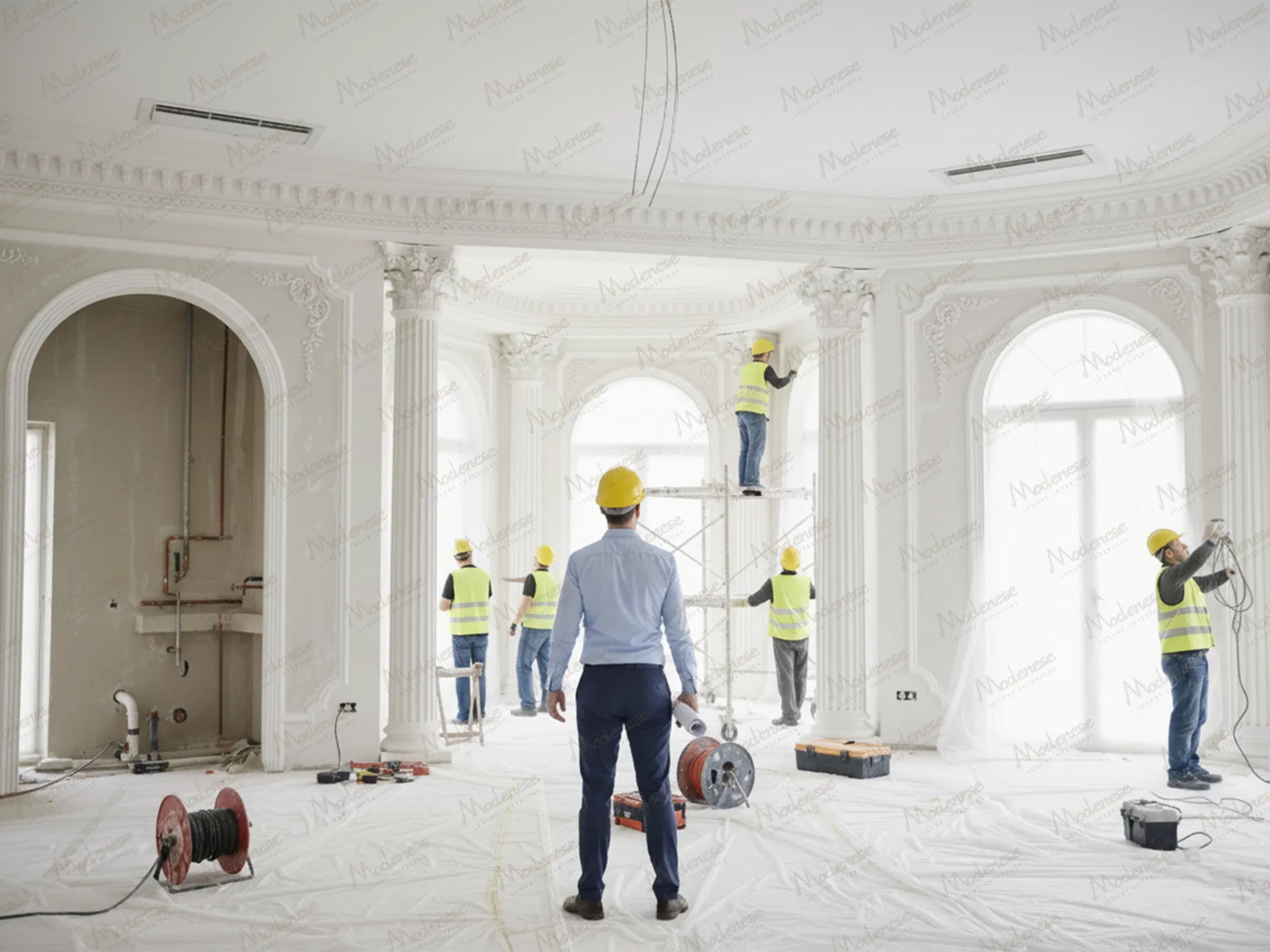 Site supervisor overseeing construction crew working on intricate plaster and molding installations inside a grand Milan residence