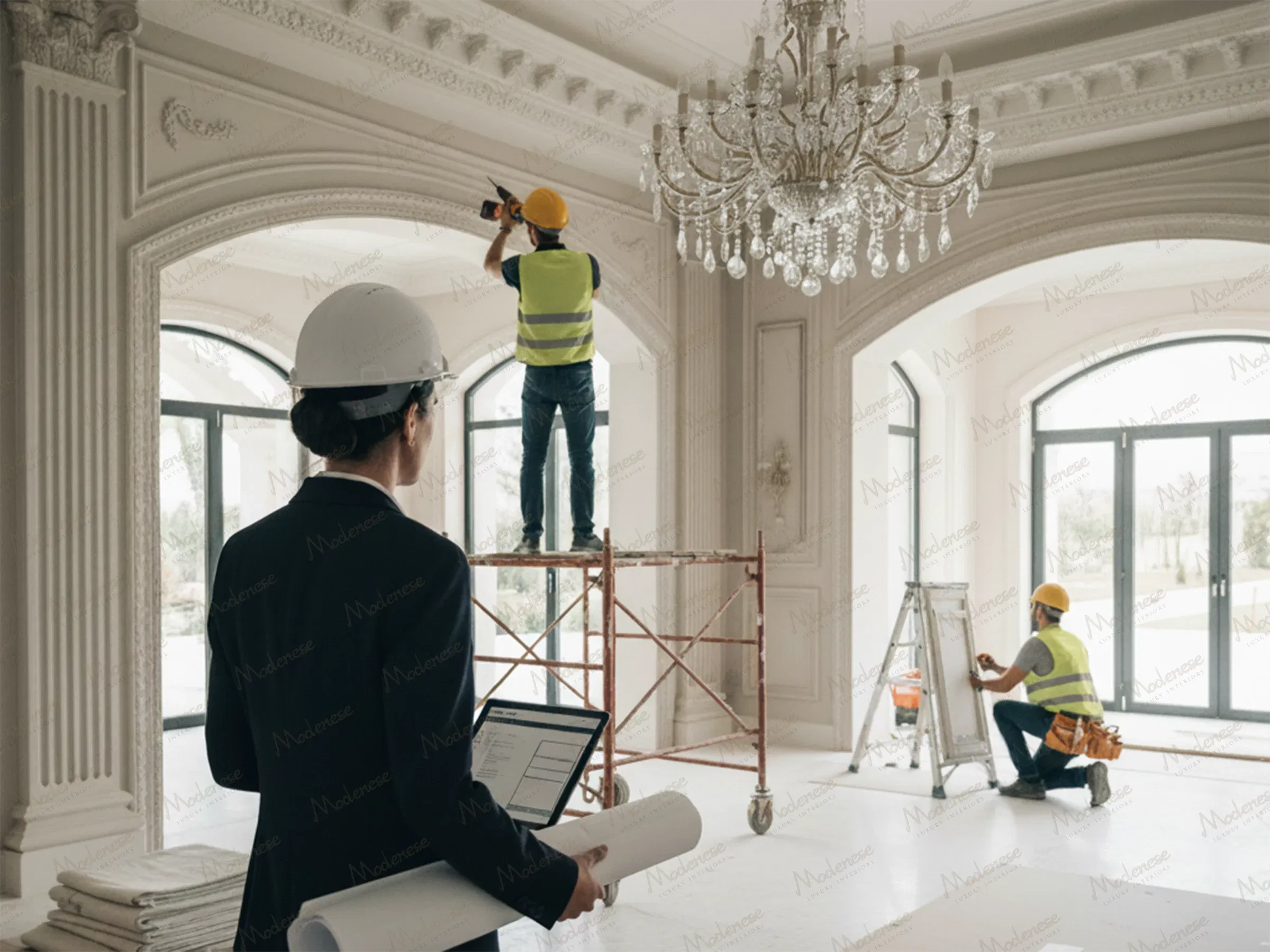 Architect overseeing chandelier installation and decorative molding work in a classical Milan interior under construction