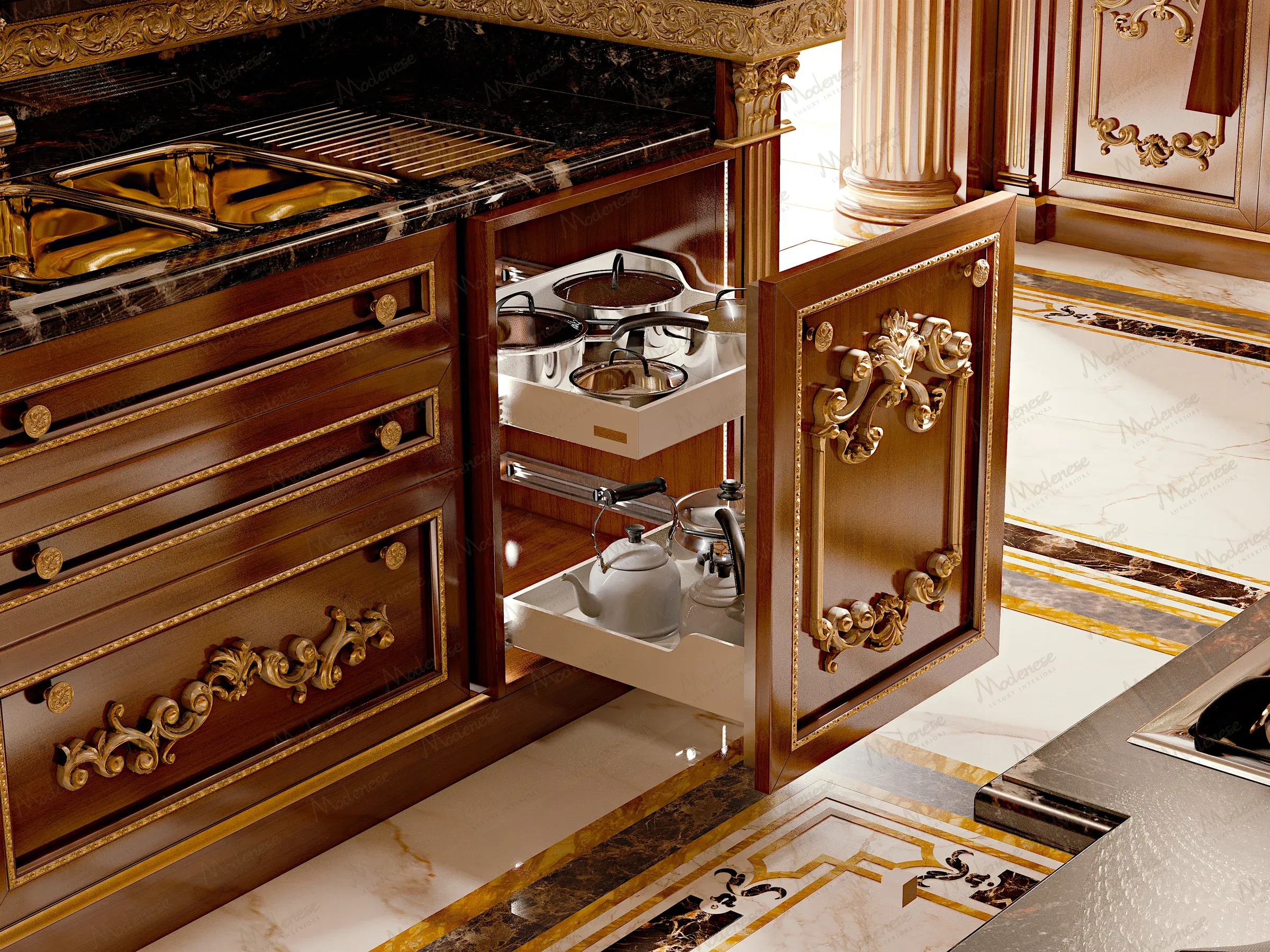 带有金色巴洛克装饰的优雅木质橱柜，位于巴格达厨房中，配有拉出式搁板单元，存放着抛光的银壶和水壶