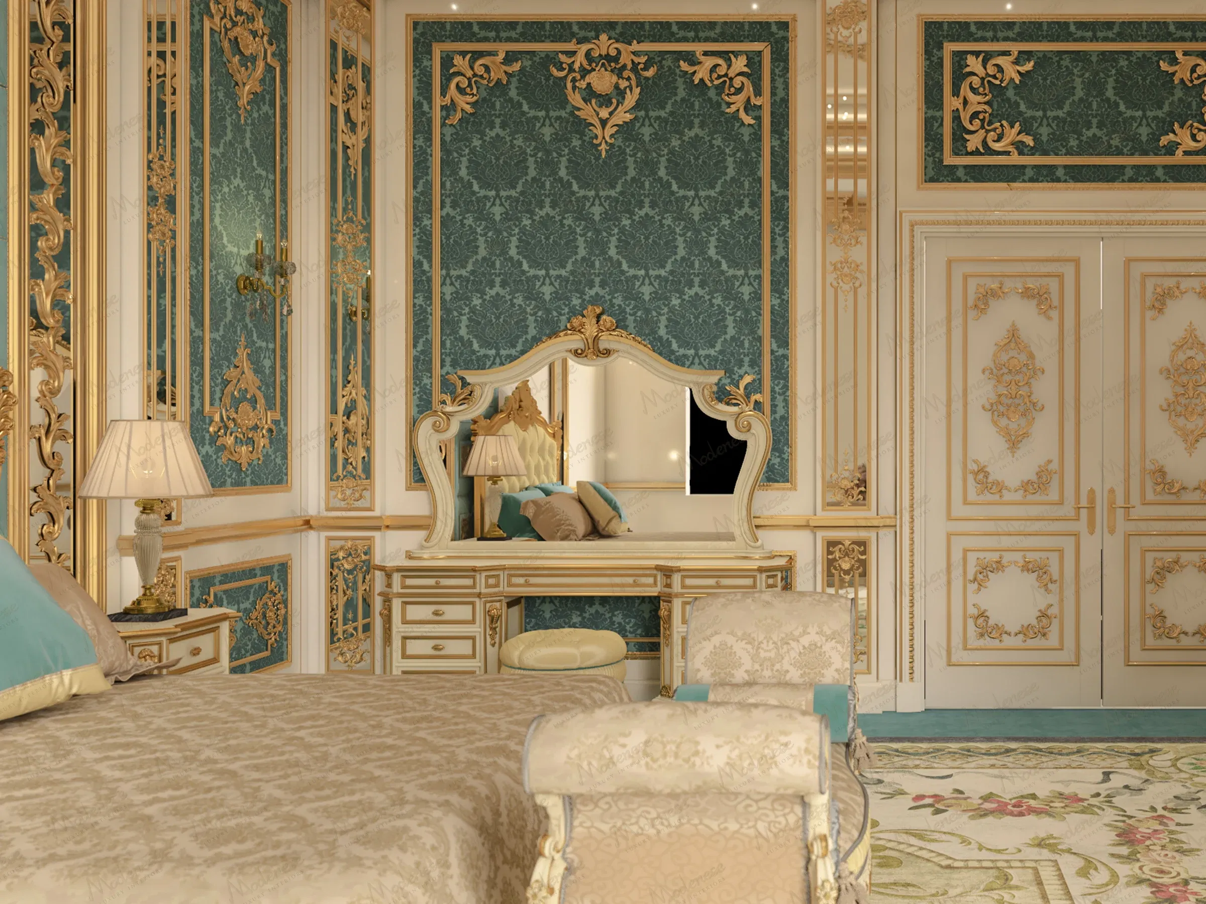 Chambre opulente avec un panneau damassé vert et or, une coiffeuse sculptée et un lit richement rembourré dans un intérieur classique de Lagos