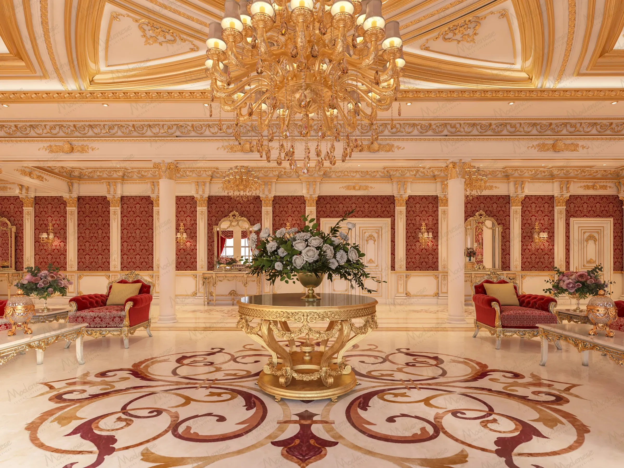 Rendu 3D d'un grand espace de réception néoclassique en Virginie avec des panneaux muraux en damas rouge, des détails en feuille d'or et un arrangement floral central sous un lustre en cristal