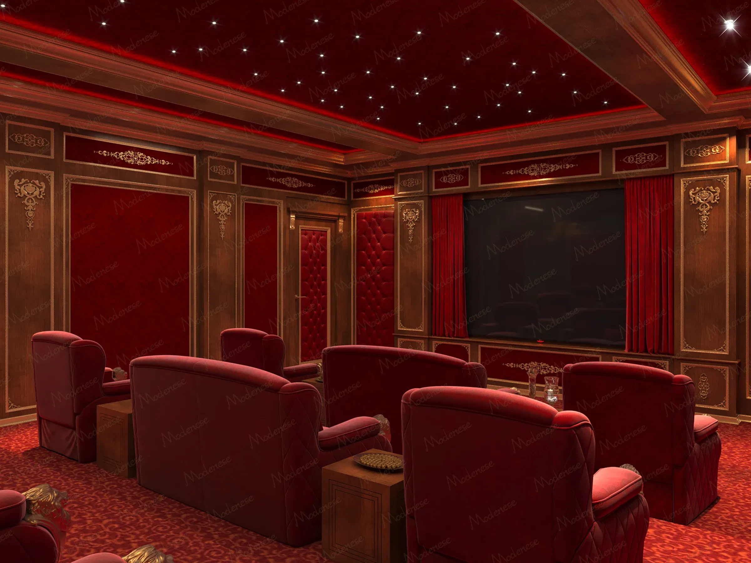 豪华影院的后视图，采用深红色调、装饰性盒格天花板以及被悬垂天鹅绒窗帘和金色饰边框住的大屏幕