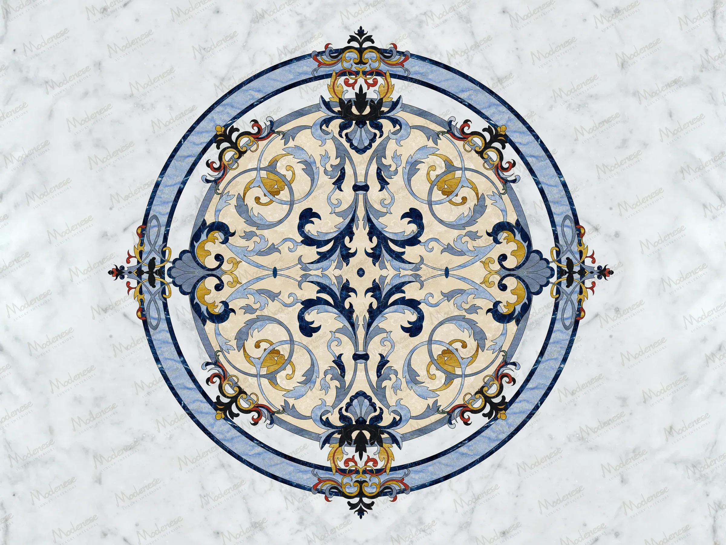 弗吉尼亚州圆形大理石奖章设计，带有精美的蓝色和金色阿拉伯图案，并镶嵌在双环边框中