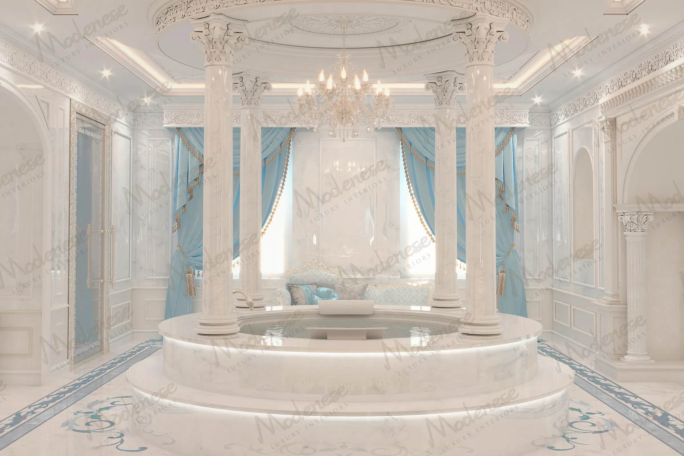 Design royal de salle de bain à Lagos avec une baignoire en marbre surélevée, des marches LED lumineuses, des colonnes corinthiennes et des rideaux du sol au plafond dans des tons bleu doux