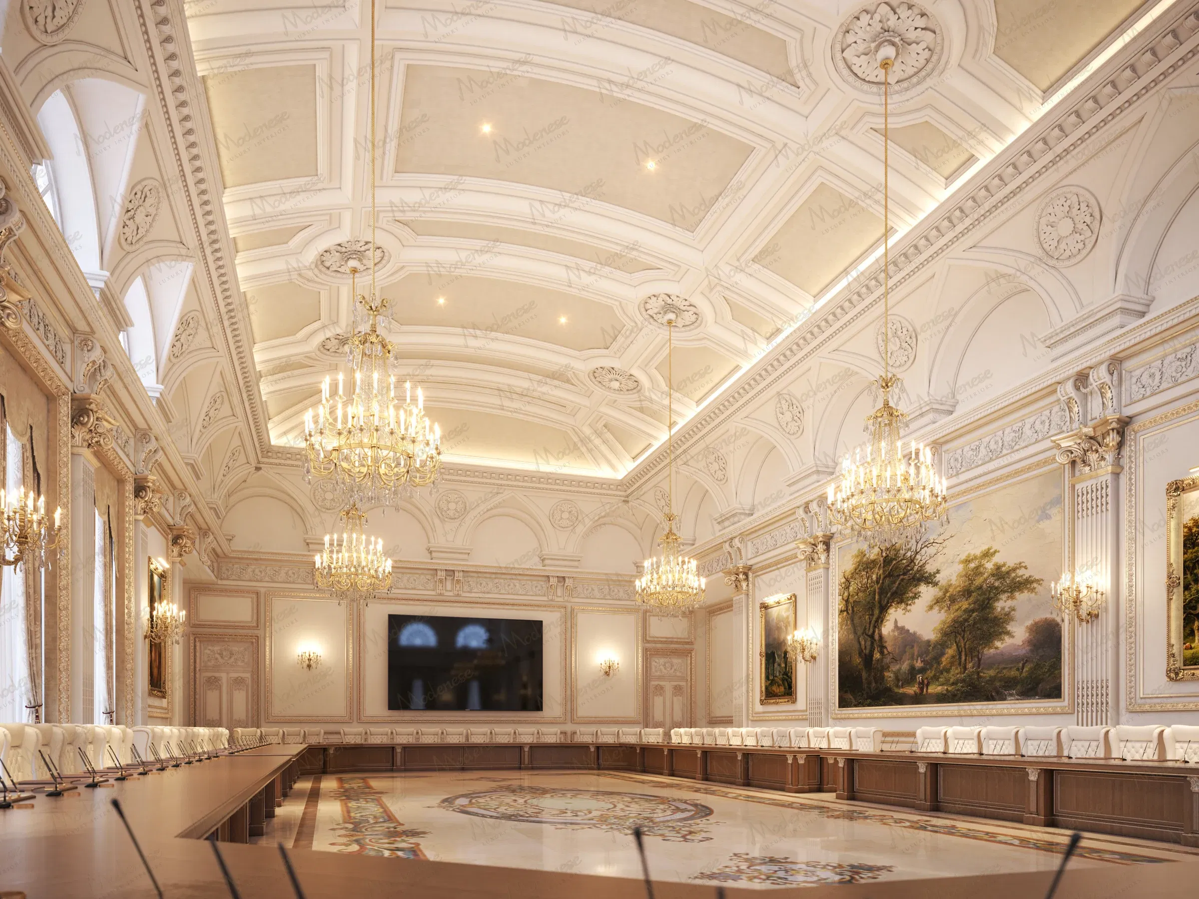 غرفة اجتماعات فاخرة في عمان مع نوافذ مقوسة وطاولات خشبية طويلة ولوحات طبيعية كبيرة وثريات ذهبية معلقة من سقف مزخرف