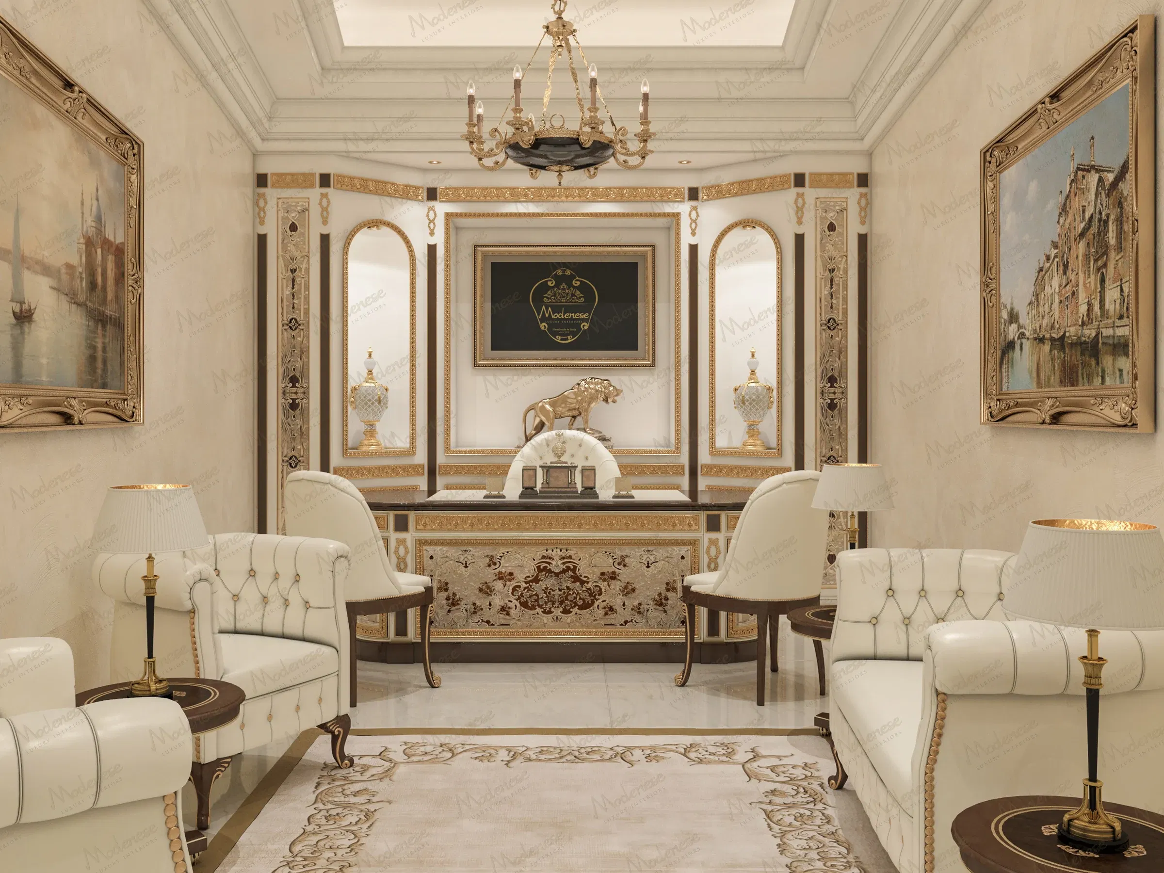 Роскошная приемная офиса в Дубае с изысканной белой кожаной мебелью, классическими произведениями искусства, богато украшенным столом и симметричной золотой отделкой