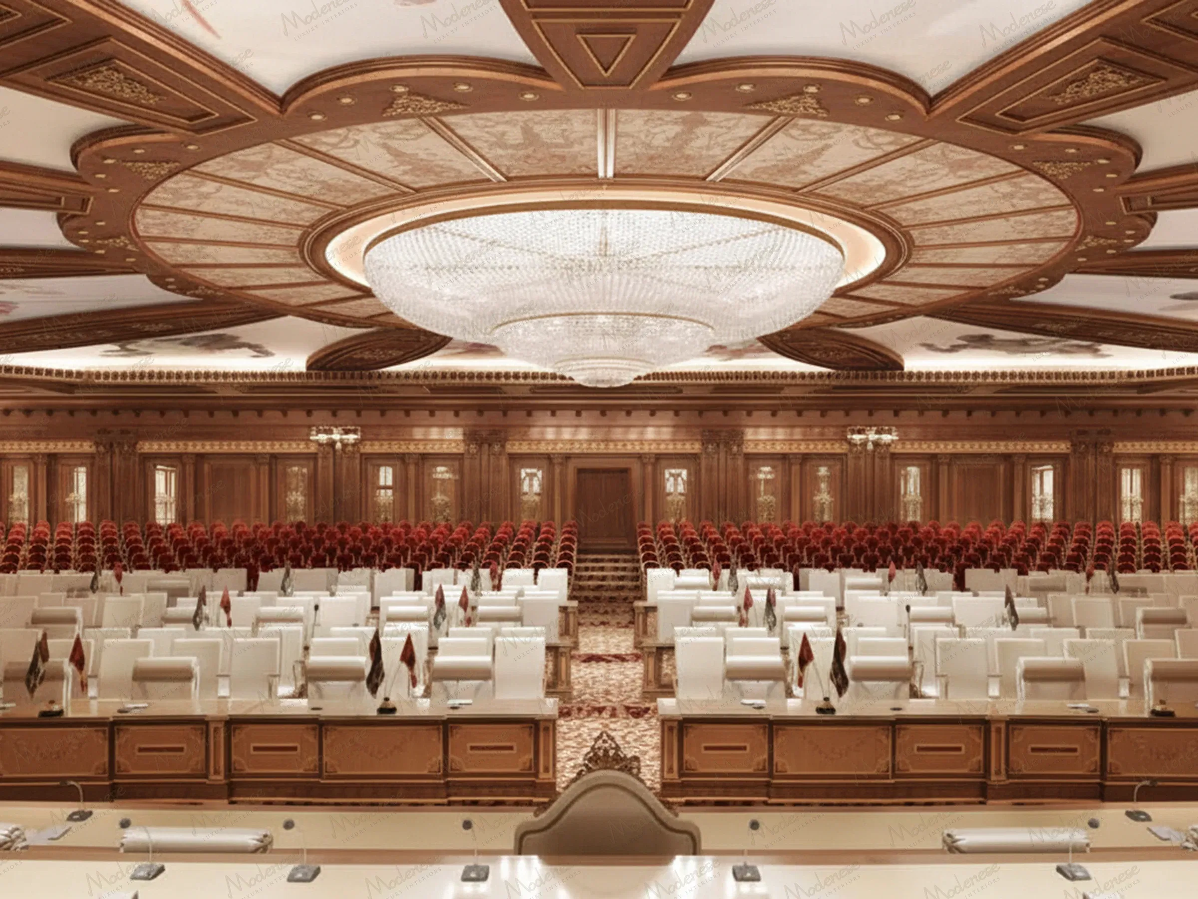 多哈装饰华丽的会议室，具有圆形天花板设计、大型水晶吊灯以及用于官方会议的分层红白座椅