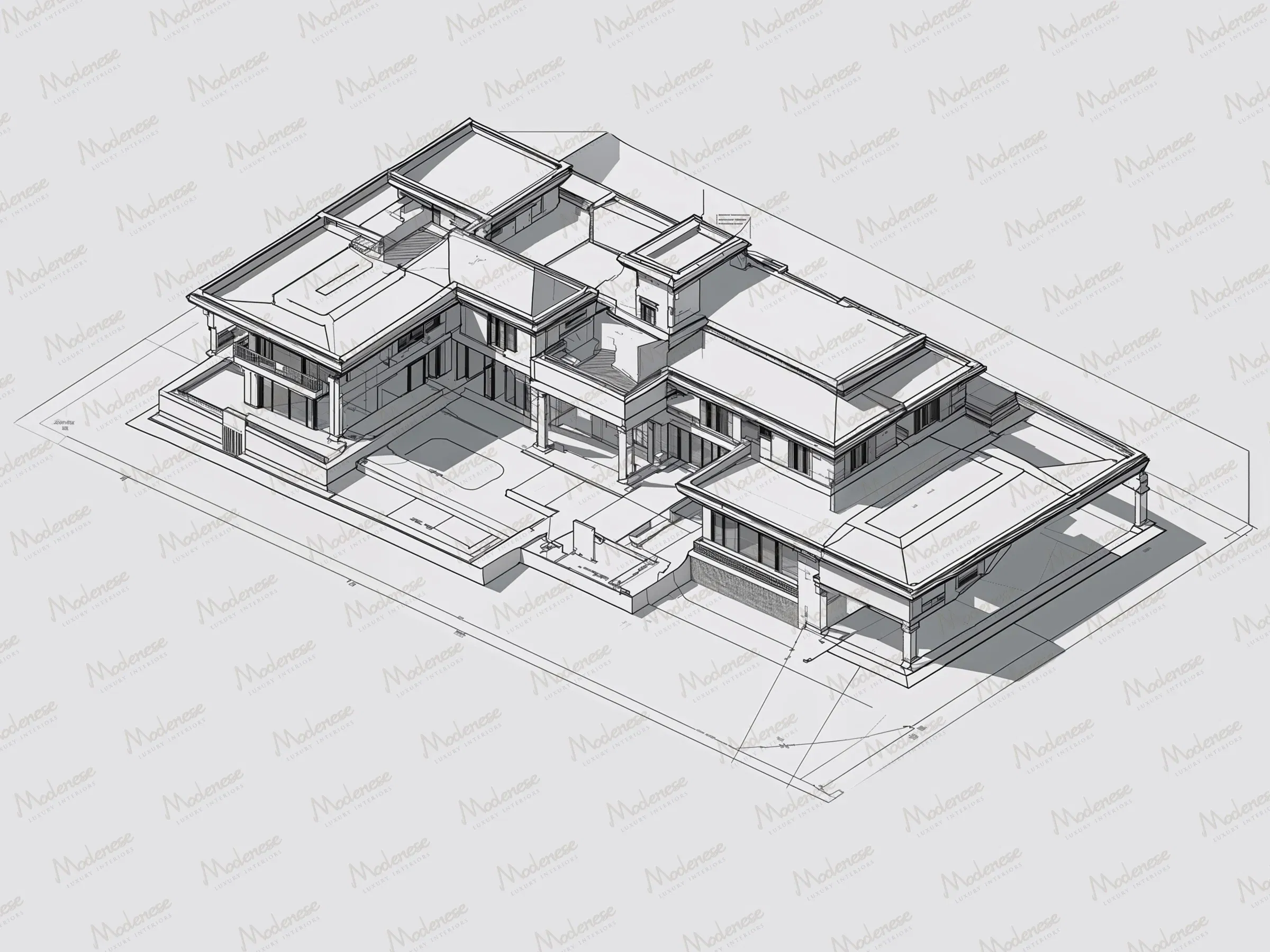 Black and white architectural rendering of a contemporary villa design in Milan featuring flat roofs, large windows, and an open courtyard layout