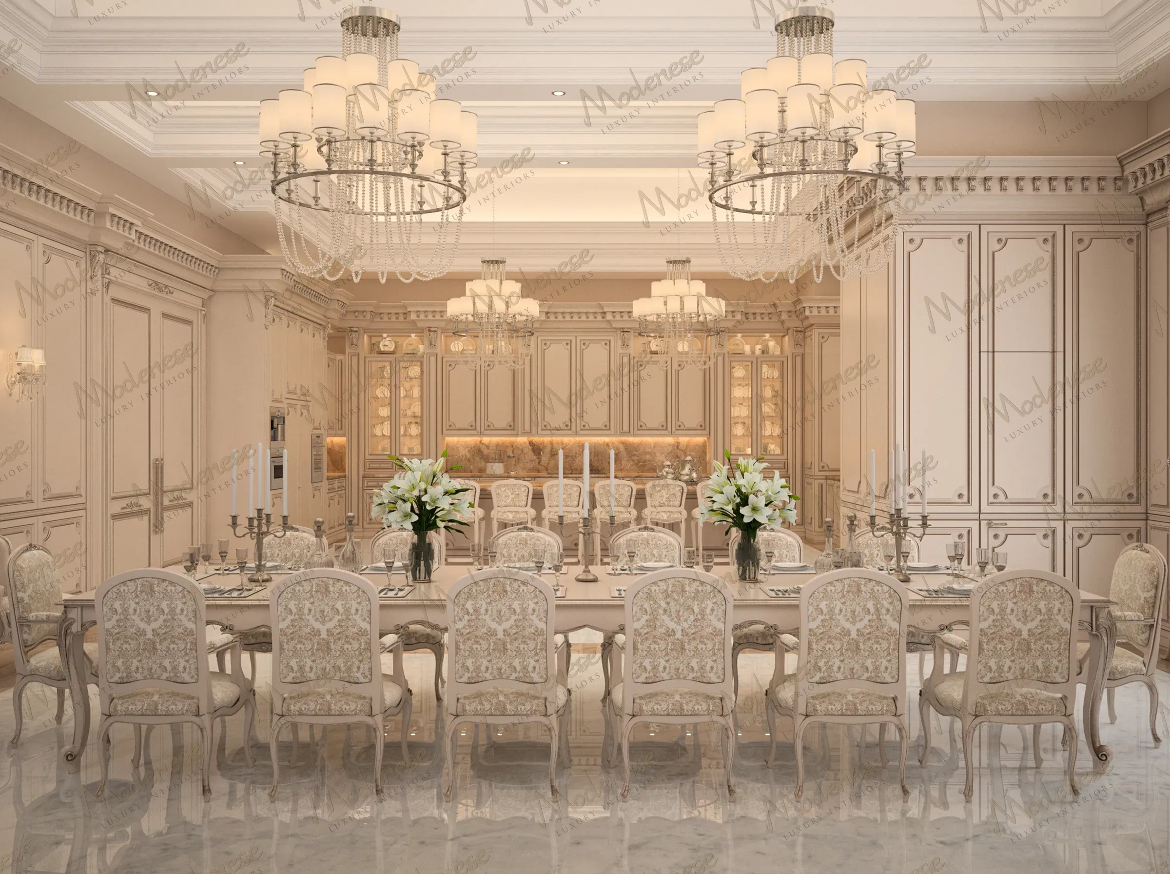 Salle à manger formelle dans une résidence d'Abuja avec des chaises beige finement sculptées, une longue table de banquet, de grands lustres et un plafond à caissons détaillé