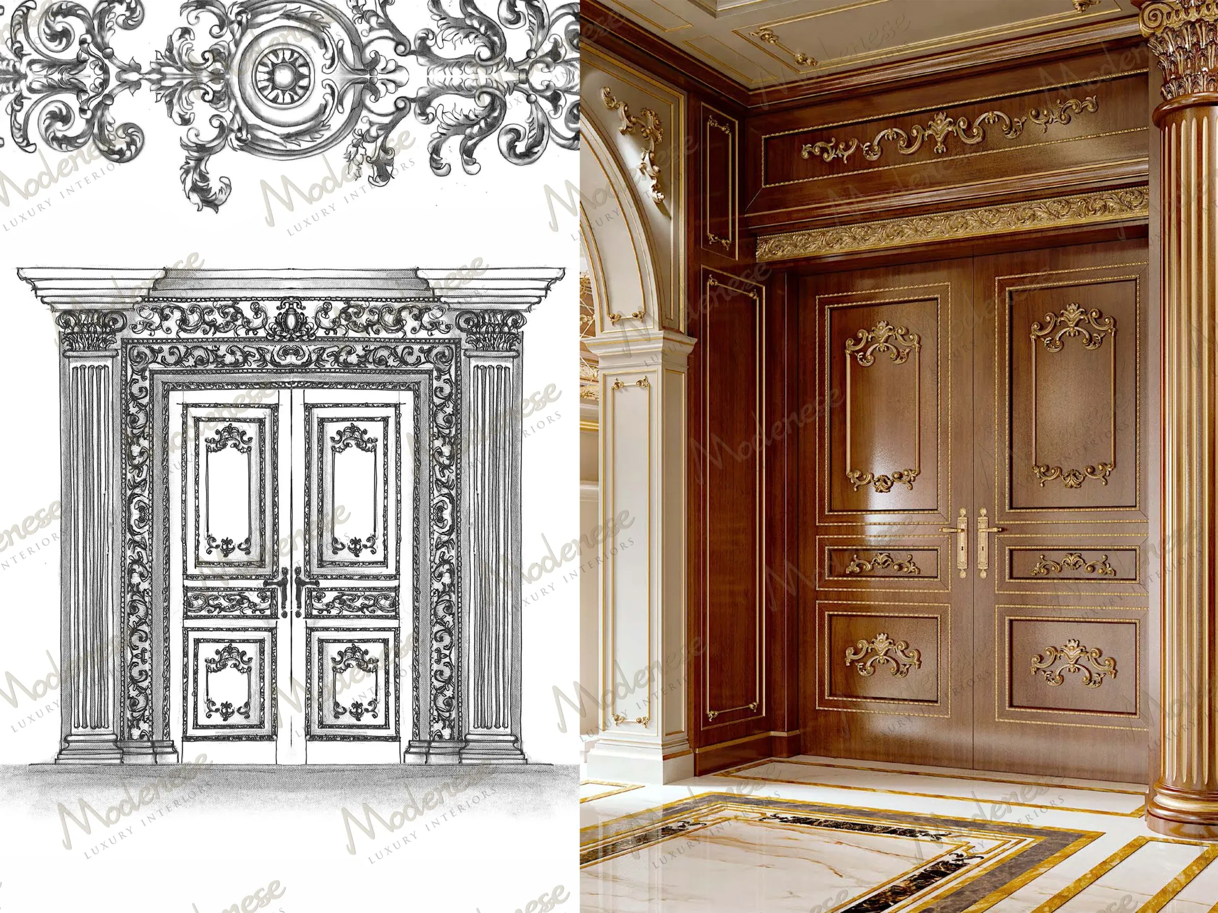 Croquis d'un design de porte classique orné avec les portes doubles en bois installées, dotées de détails dorés dans un intérieur luxueux de Manama