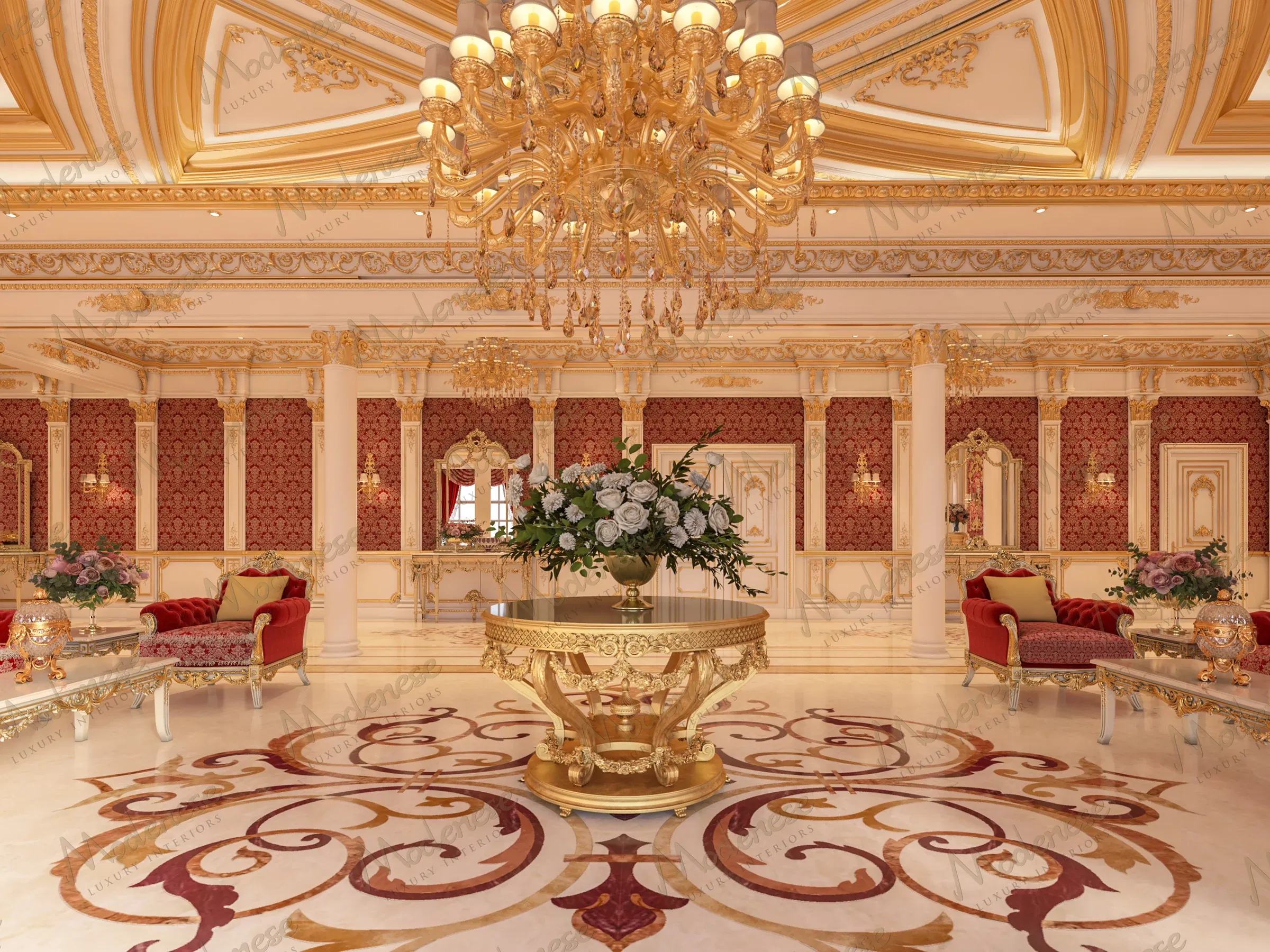 Intérieur de palais somptueux avec un lustre doré, des murs en damas rouge, un plafond orné en blanc et or, et des sièges en velours rouge moelleux autour d'un arrangement floral central
