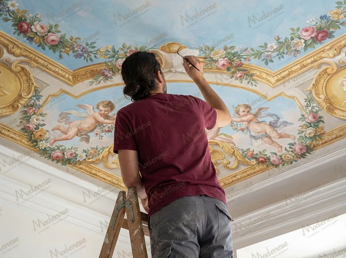 Художник рисует фреску на потолке в Королевском дворце с изображением херувимов, цветочных гирлянд и изысканных золотых рам на фоне небесно-голубого фона