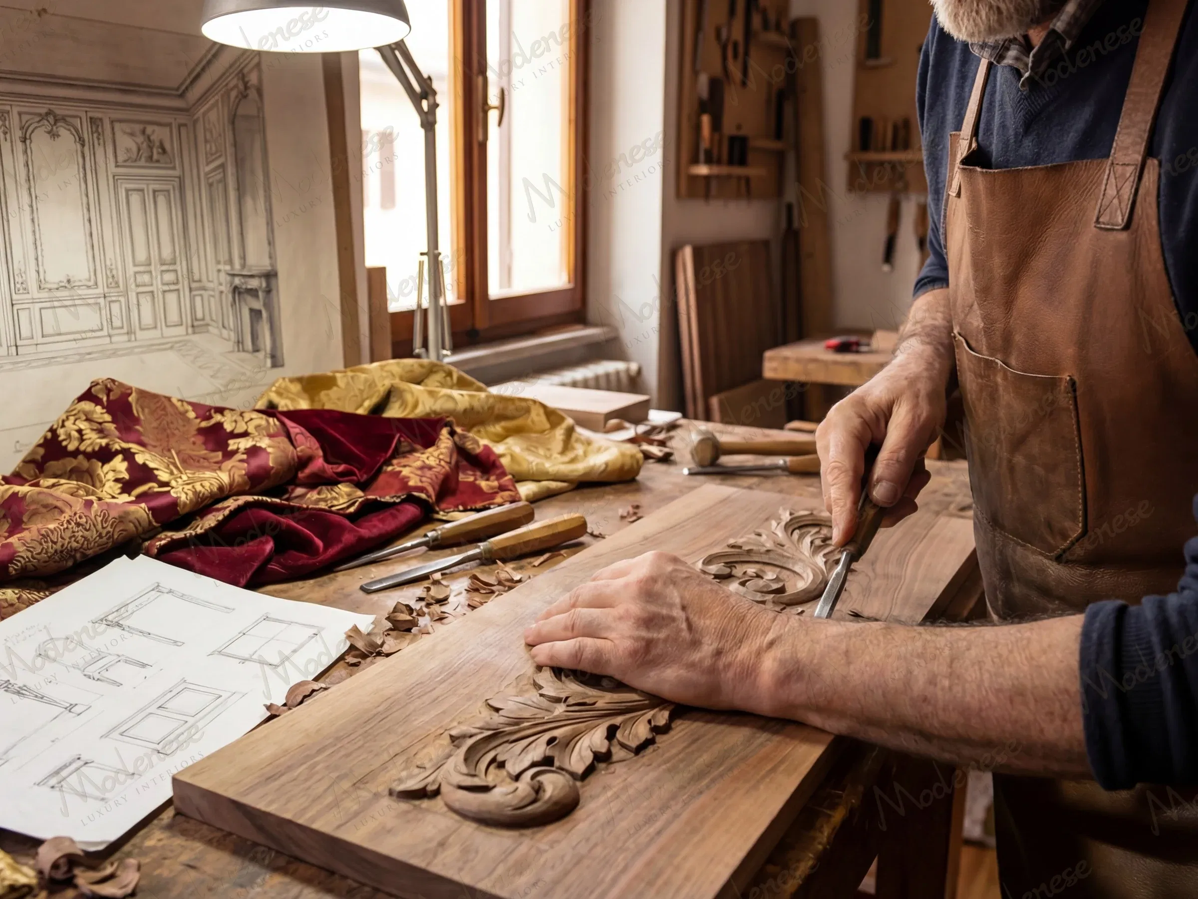 Внутренняя отделка интерьера под ключ, демонстрирующая искусную ручную резьбу по деревянным панелям рядом с архитектурными эскизами и роскошными образцами тканей