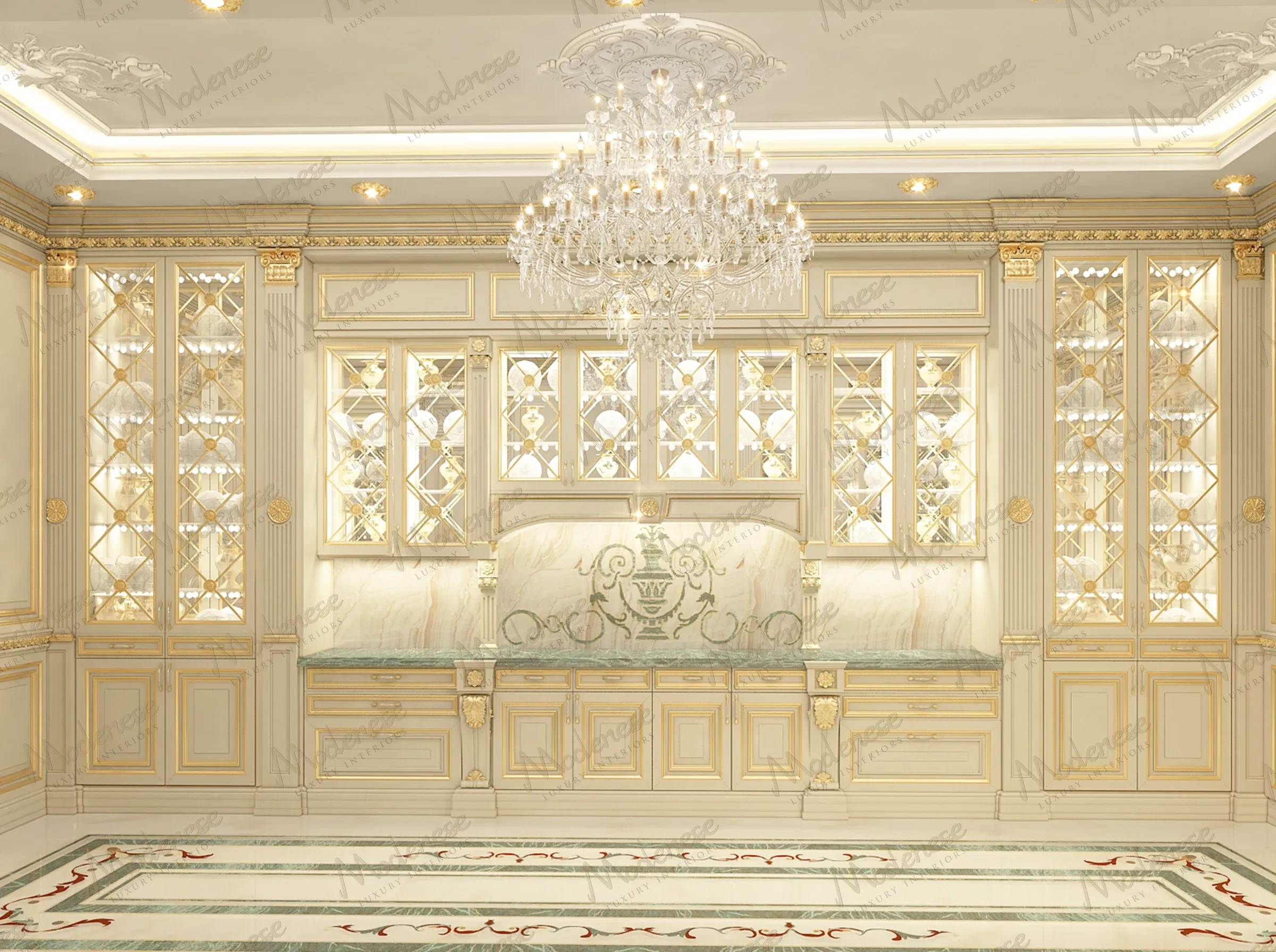 Cuisine d'exposition luxueuse dans une villa d'Abuja avec des armoires à façade vitrée avec des finitions dorées, un lustre en cristal et un dosseret en marbre avec un motif ornemental