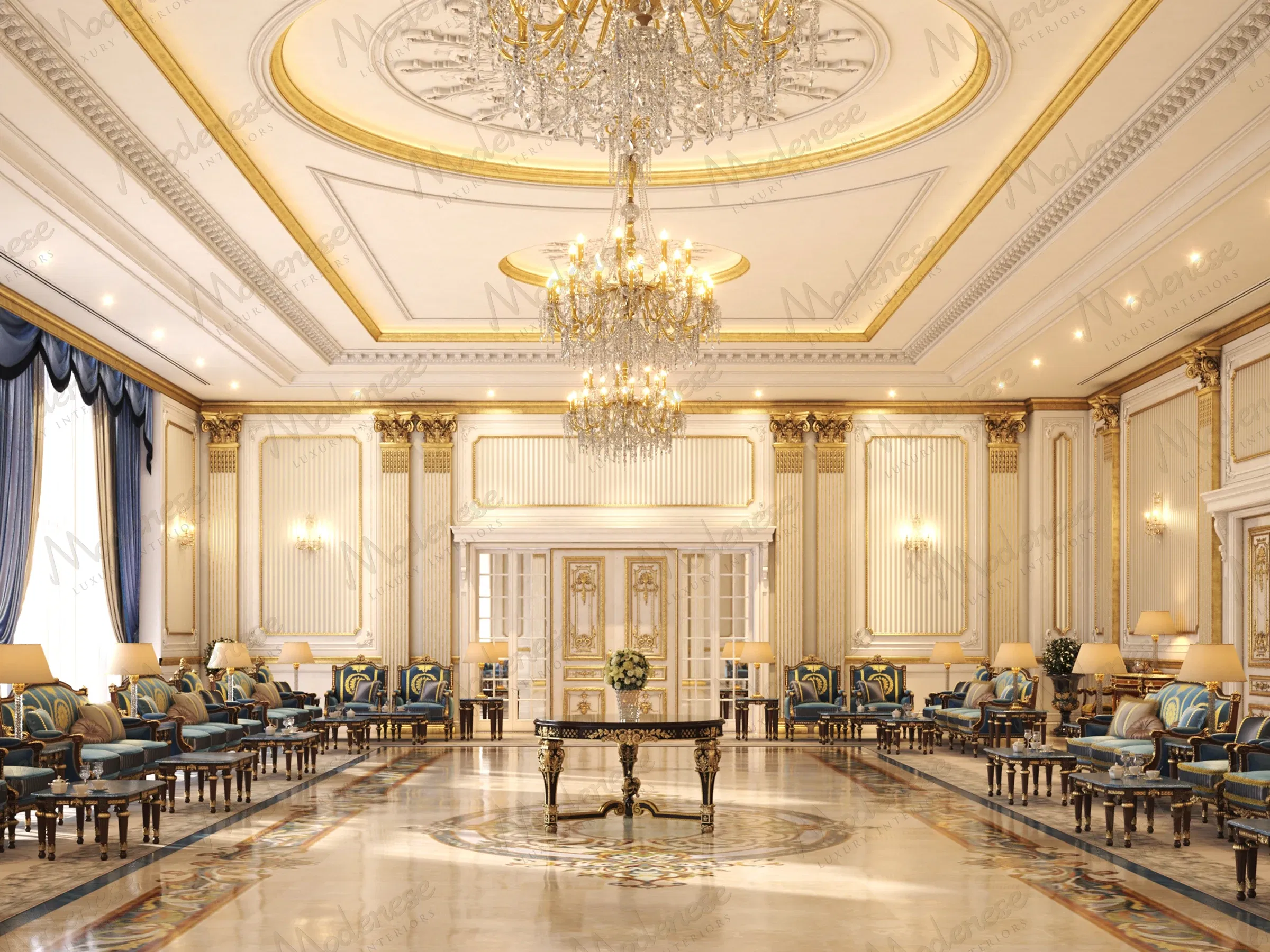 غرفة استقبال فخمة في القصر الملكي الأفريقي تتميز بزخارف ذهبية وثريات كريستالية وأثاث كلاسيكي باللونين الأزرق والذهبي