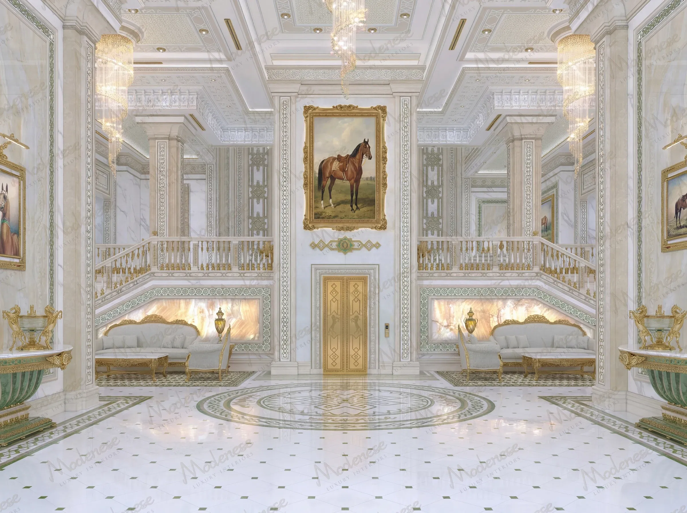 Grand hall d'entrée dans une villa de Nashville avec un double escalier, des portes d'ascenseur dorées, un sol en marbre blanc avec des incrustations vertes et une pièce maîtresse représentant un portrait de cheval