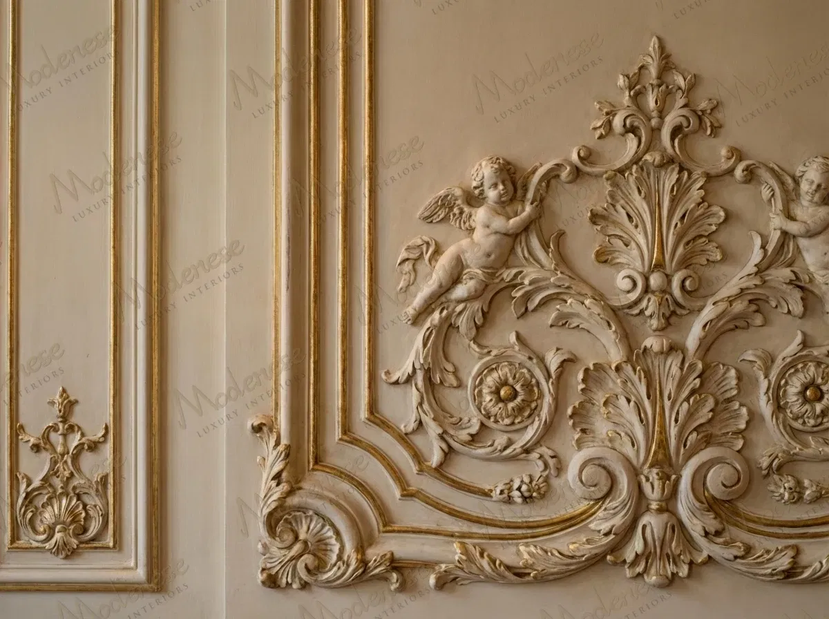 Panneau mural décoratif dans une luxueuse villa présidentielle avec des volutes dorées complexes et des reliefs de chérubins dans un motif classique
