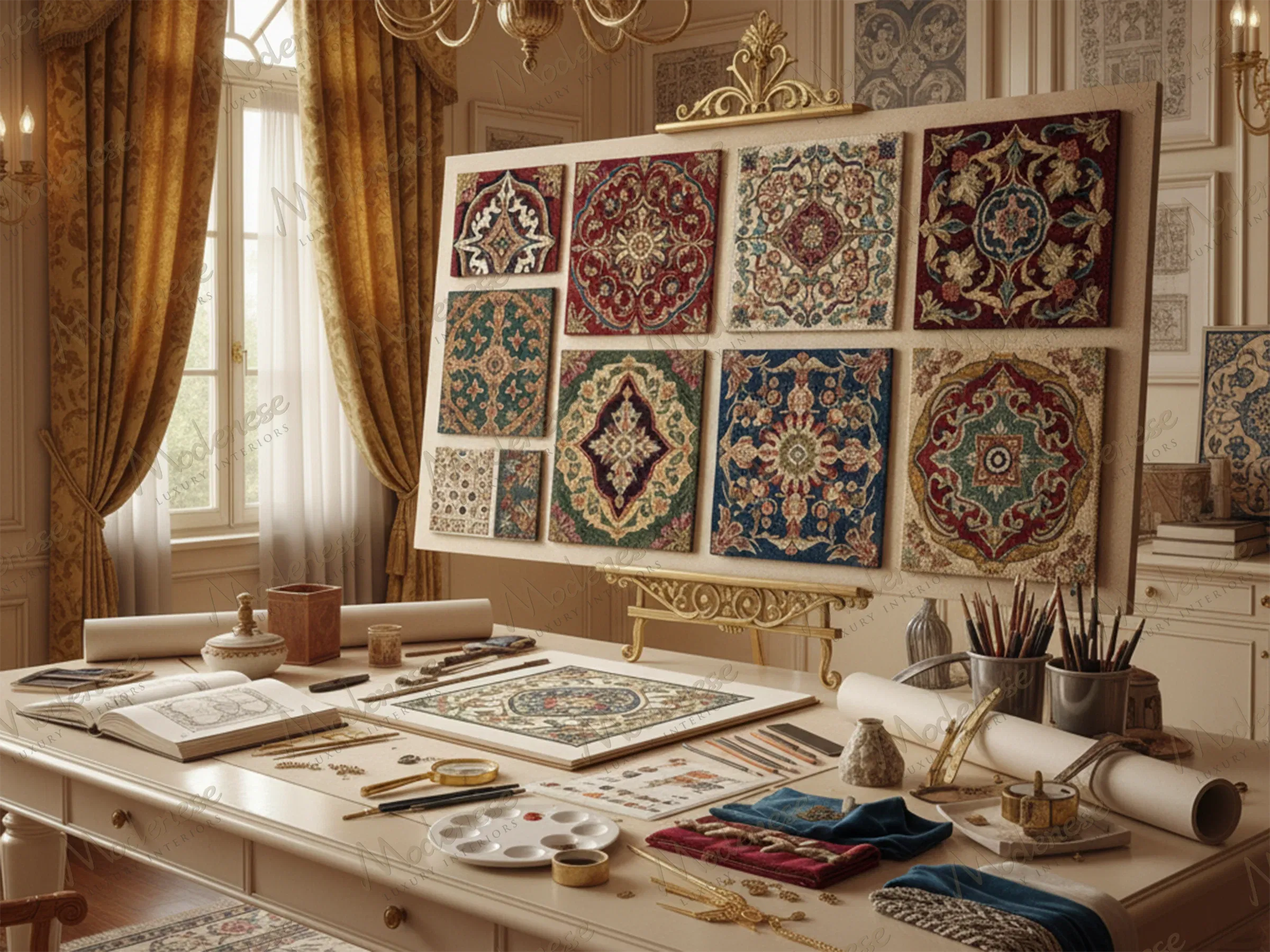 Studio de design d'intérieur pour tapis sur mesure présentant un panneau d'affichage de motifs orientaux complexes, entouré de croquis, d'outils de peinture et de garnitures en tissu