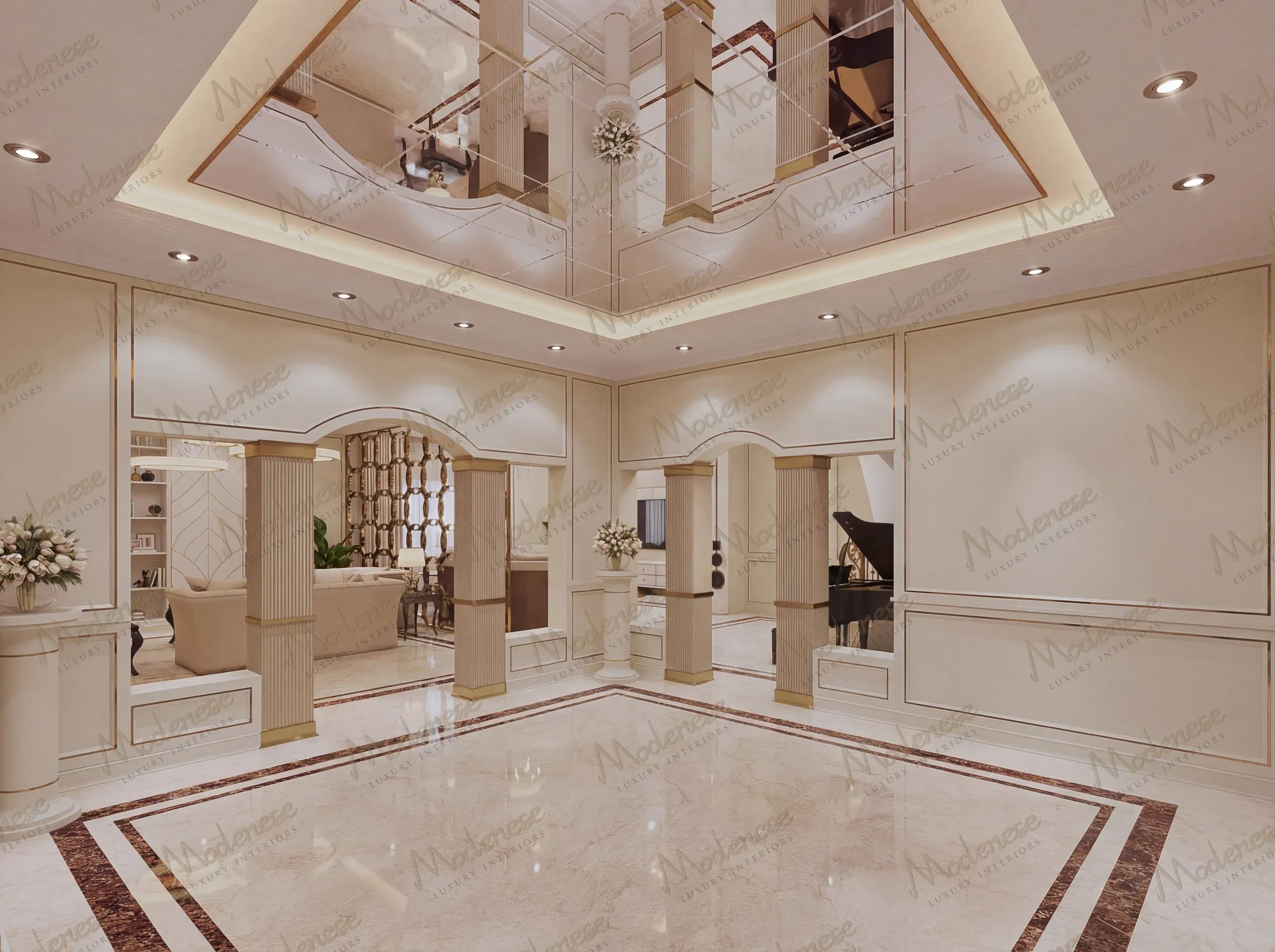 Intérieur de villa fini avec un sol en marbre poli, un plafond à caissons miroir, des alcôves murales en arc et des accents de colonnes raffinés