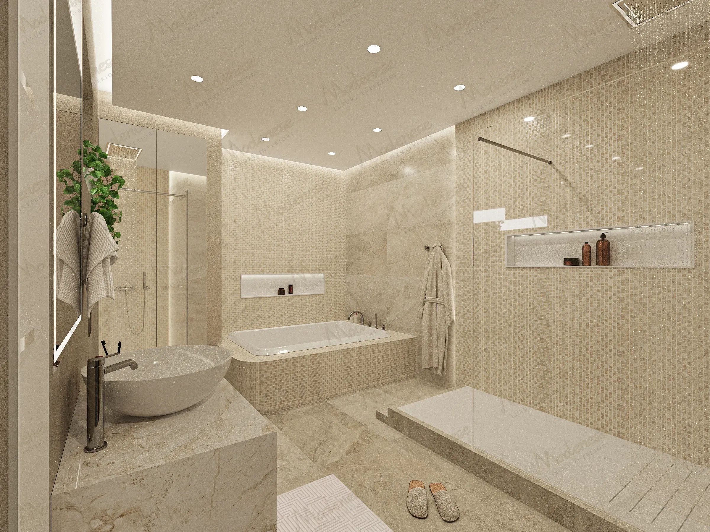 Salle de bain contemporaine dans une villa de Nashville avec une grande douche à l'italienne, une baignoire intégrée, des carreaux mosaïque beige et des accents d'éclairage intégrés