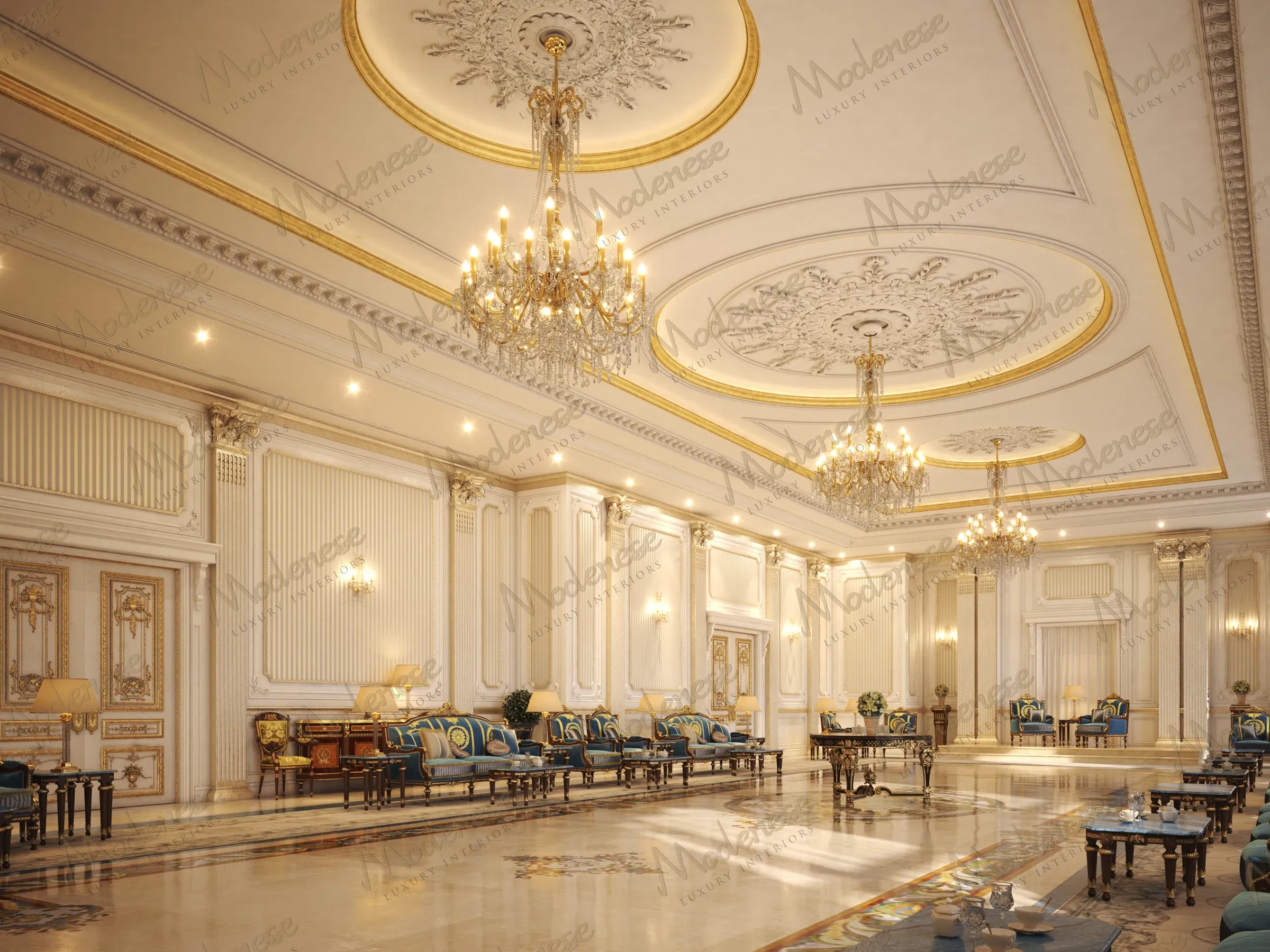 قاعة استقبال فاخرة في قصر مع تفاصيل سقفية ذهبية، وثريات متعددة، وأثاث مبطن فاخر مرتب على طول أرضيات رخامية مصقولة