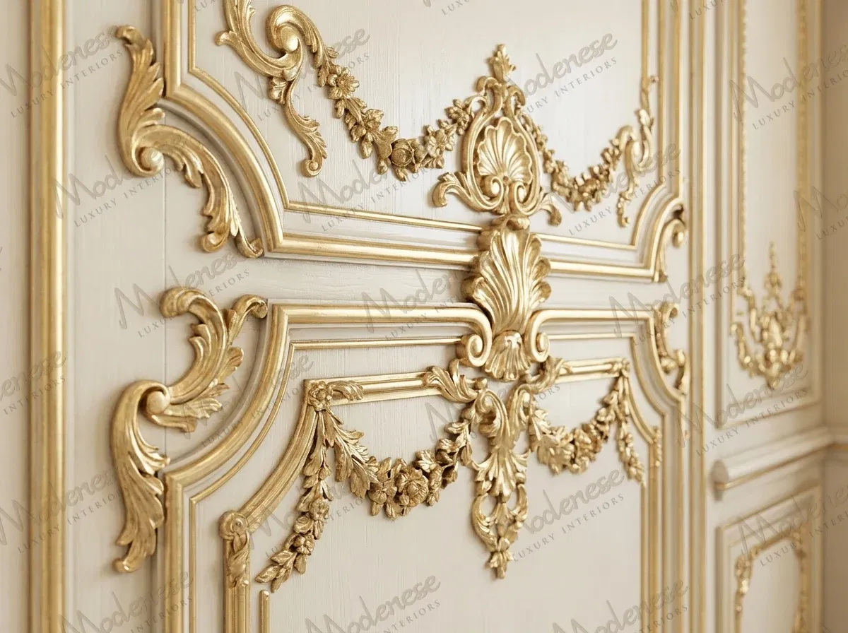Gros plan d'une installation de menuiserie détaillée avec des ornements de feuilles d'or sculptées et des motifs floraux sur des panneaux en bois crème dans un palais de luxe