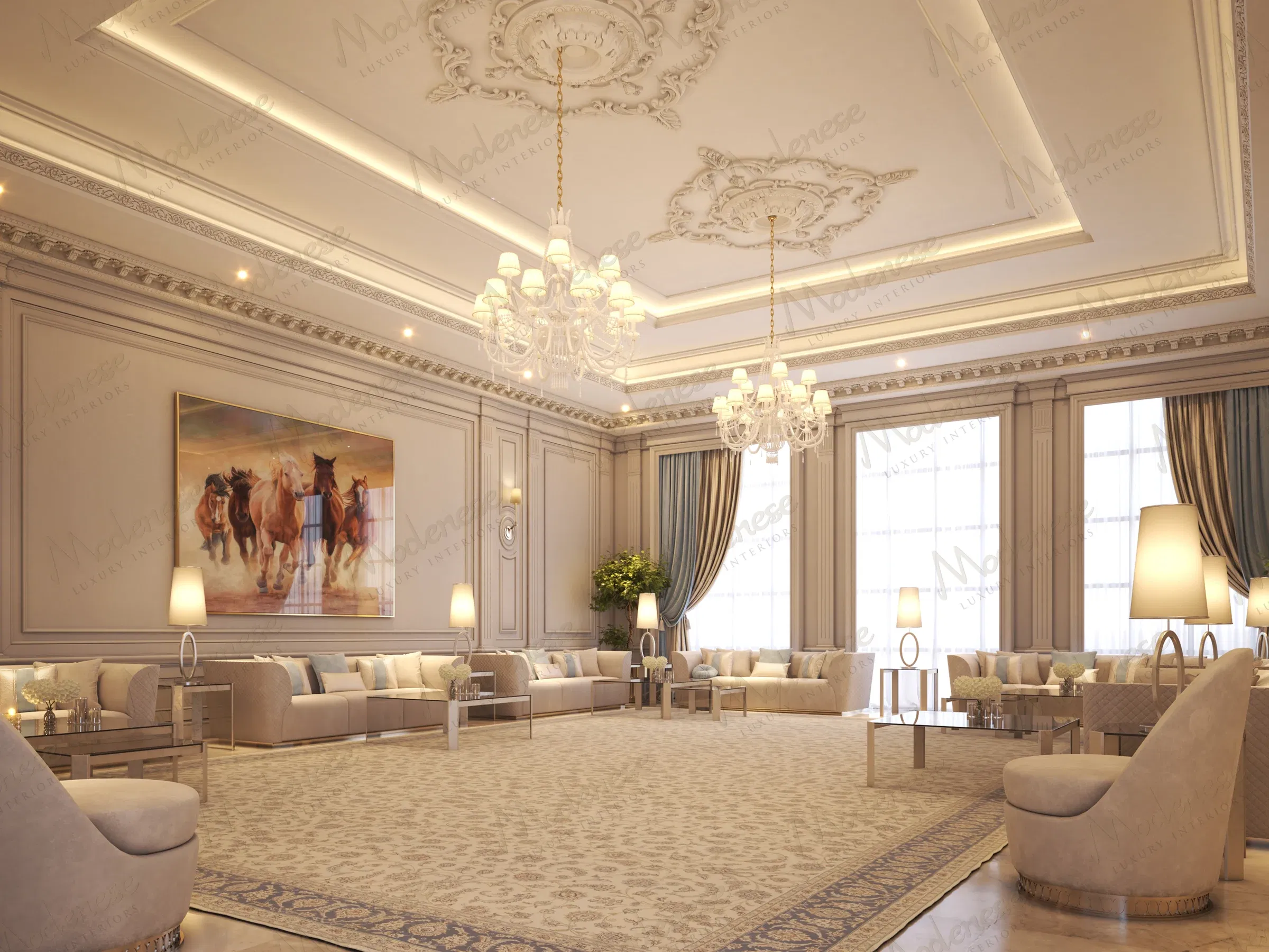 غرفة جلوس متطورة في القصر الملكي الأفريقي مع زخرفة سقف مفصلة ولوحة فنية للخيول وإضاءة محيطة على الأثاث الكريمي