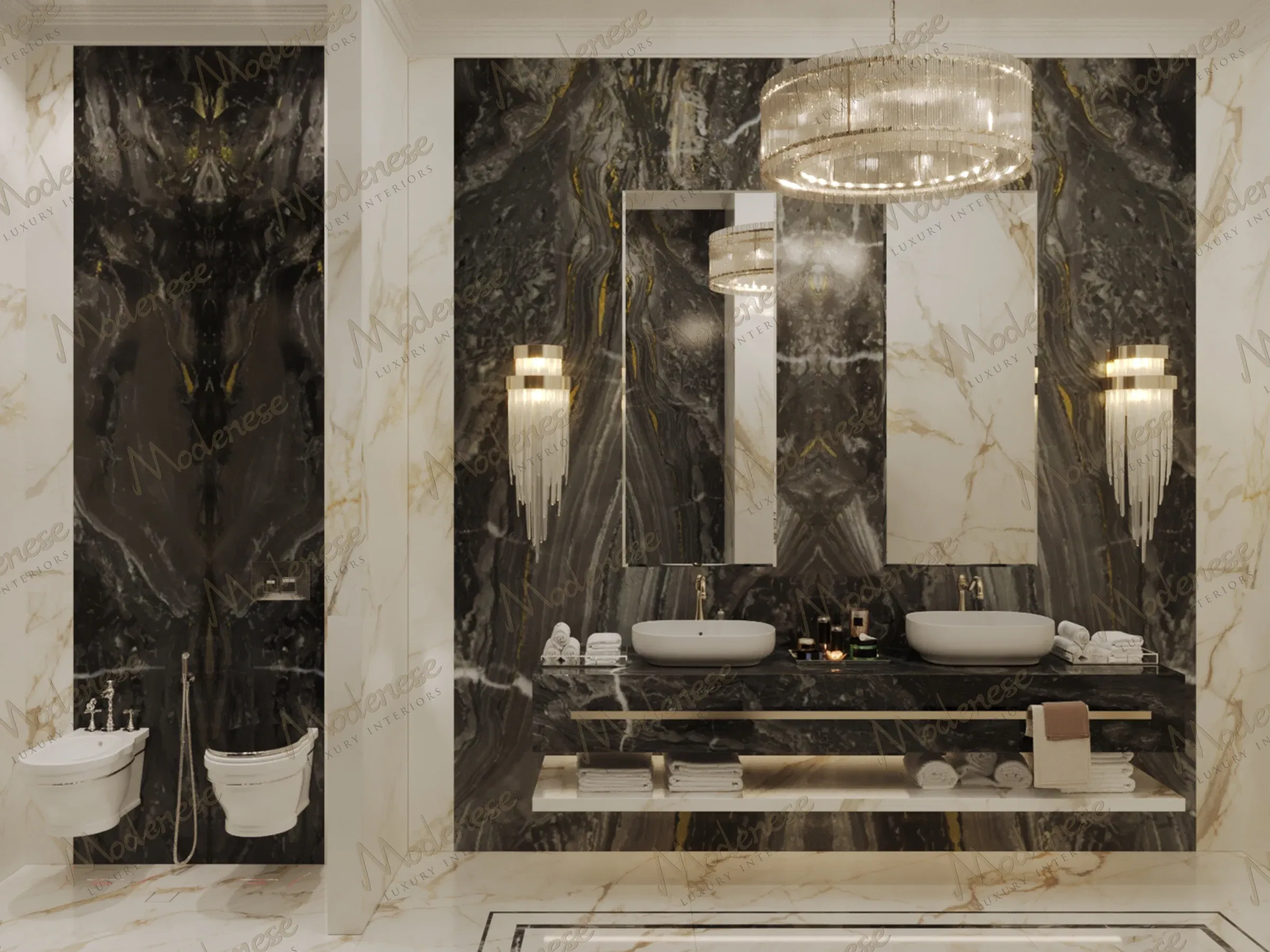 Черно-белые стены из мрамора с сопоставлением прожилок обрамляют эту ультра-роскошную ванную комнату, в которой представлена эксклюзивная итальянская мебель с плавающими каменными тумбами и скульптурными накладными раковинами. Хрустальная люстра, латунные настенные бра и встроенное освещение подчеркивают атмосферу, отражая итальянское мастерство и комплексные решения для интерьера класса люкс в Дубае и проектах роскошных резиденций в Майами.