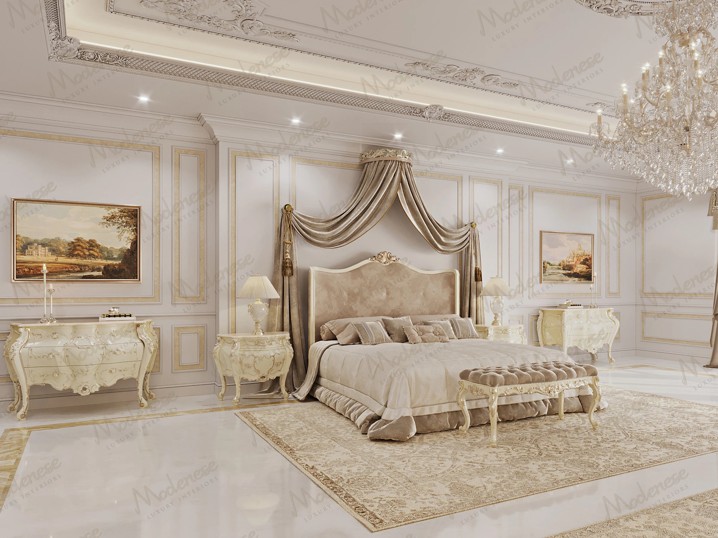 master bedroom with a tufted headboard, ornate cream furniture, draped canopy accents, intricate ceiling moldings, and a grand crystal chandelier