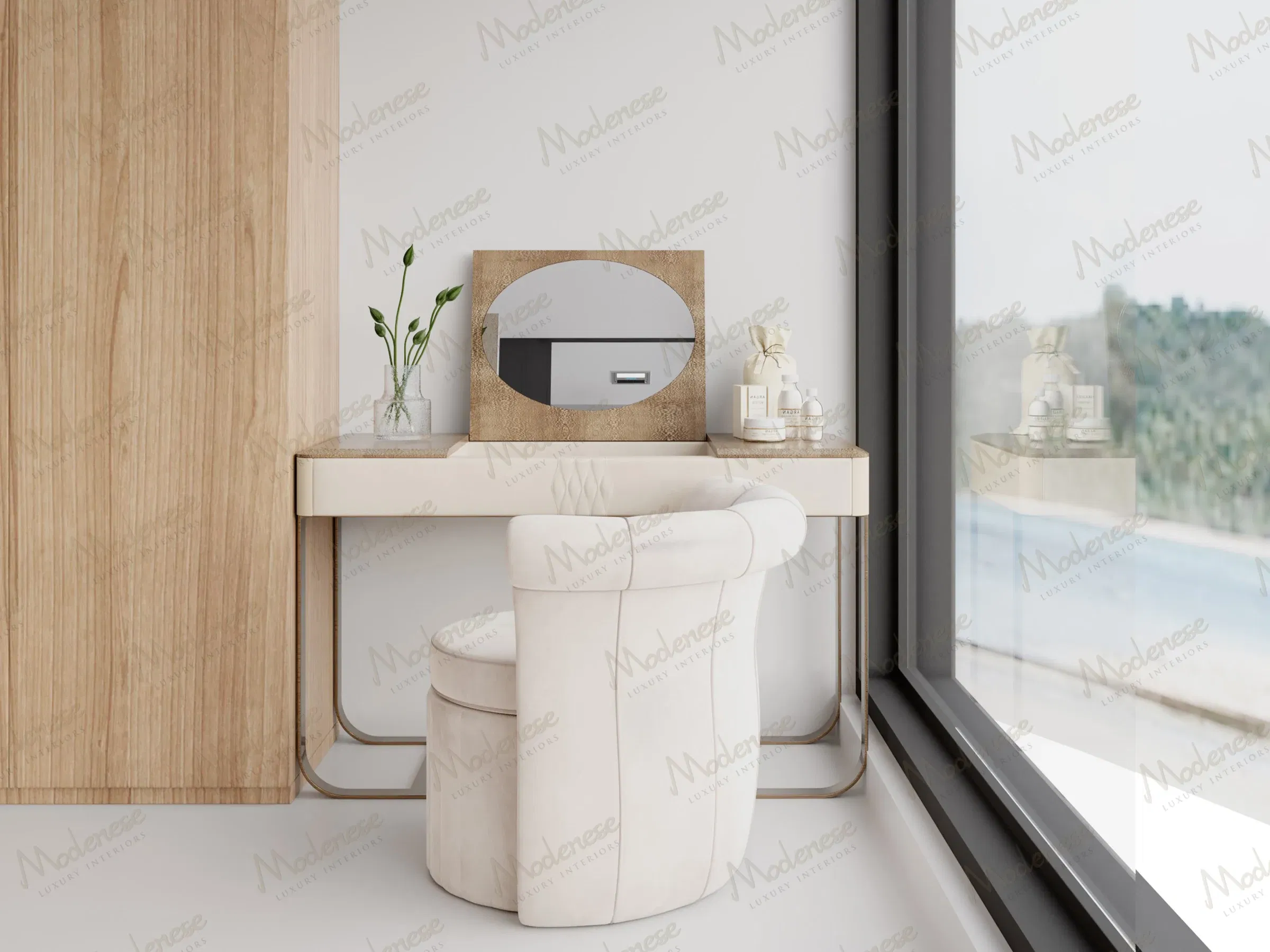 Minimalist vanity corner in a Tulum suite bathroom with a soft beige chair, natural wood textures, and a large window overlooking lush scenery