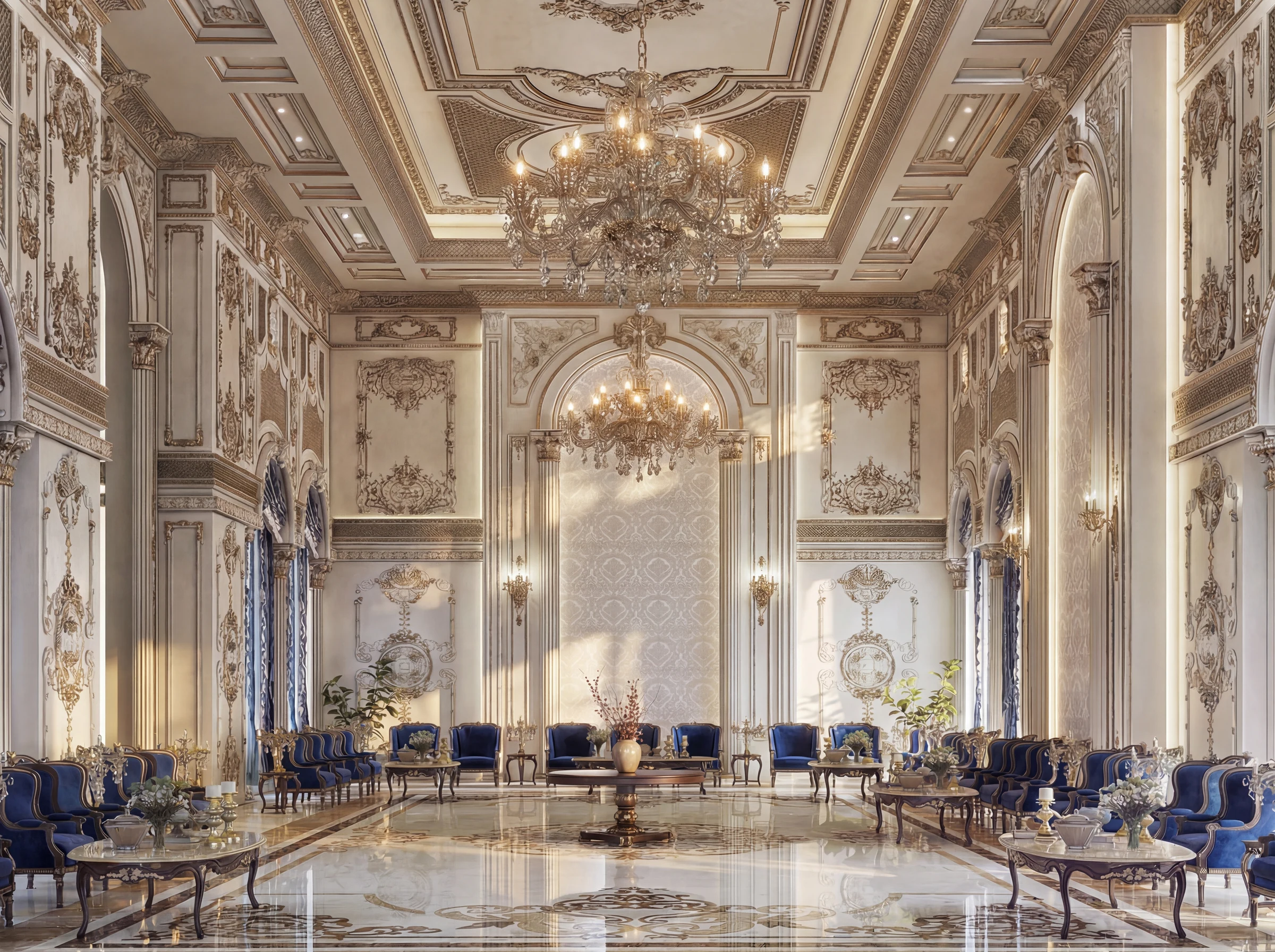 Lavish palace interior in Dubai featuring gilded molding, crystal chandeliers, blue velvet seating, and a high-ceilinged neoclassical design