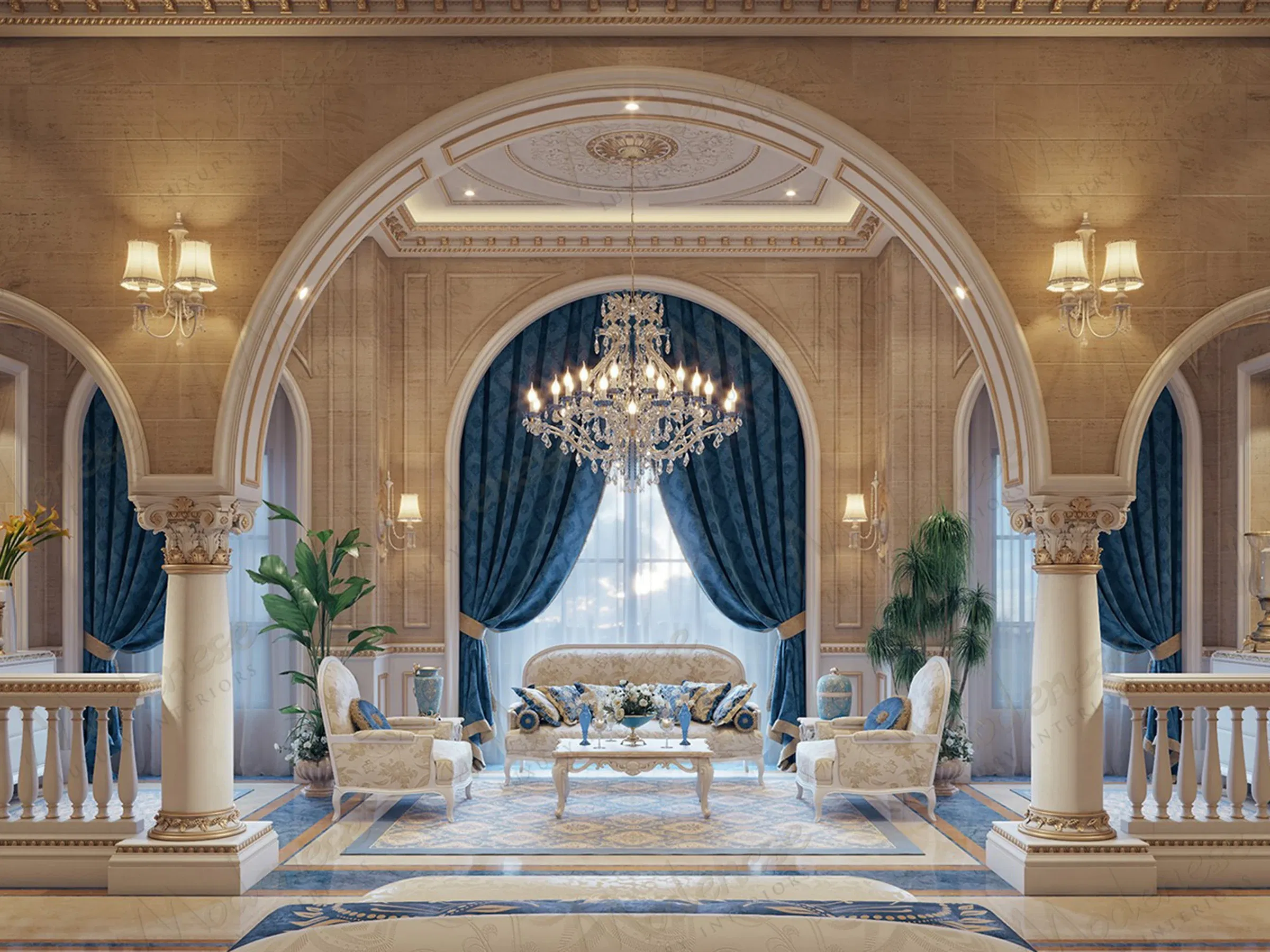 Classic living room in a Dubai villa with gold-trimmed armchairs, a central settee, and a large mural-style landscape painting framed by ornate wall sconces