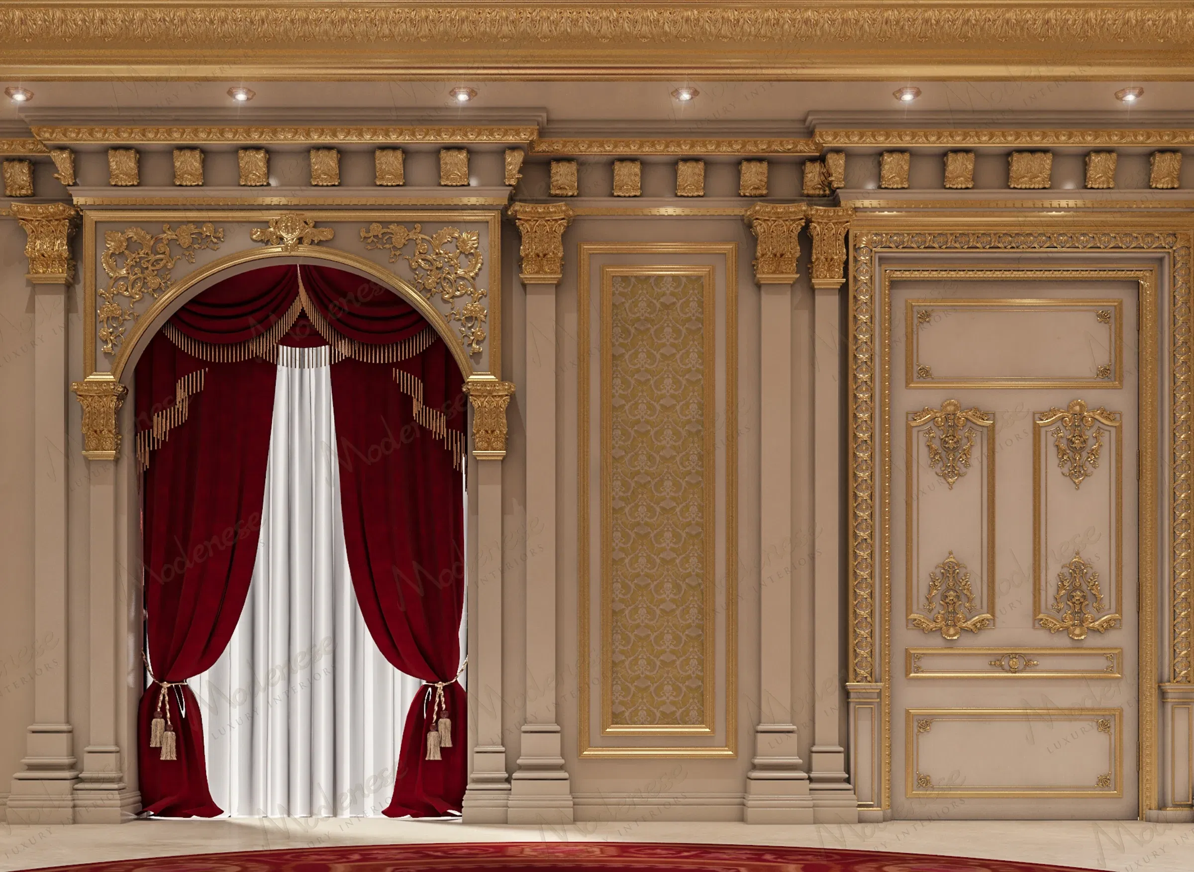 Роскошный интерьер дворца в Кувейте, демонстрирующий богато украшенную арочную дверь с красными бархатными шторами, замысловатыми золотыми резными деталями и соответствующей декоративной панелью рядом с богато украшенной дверью