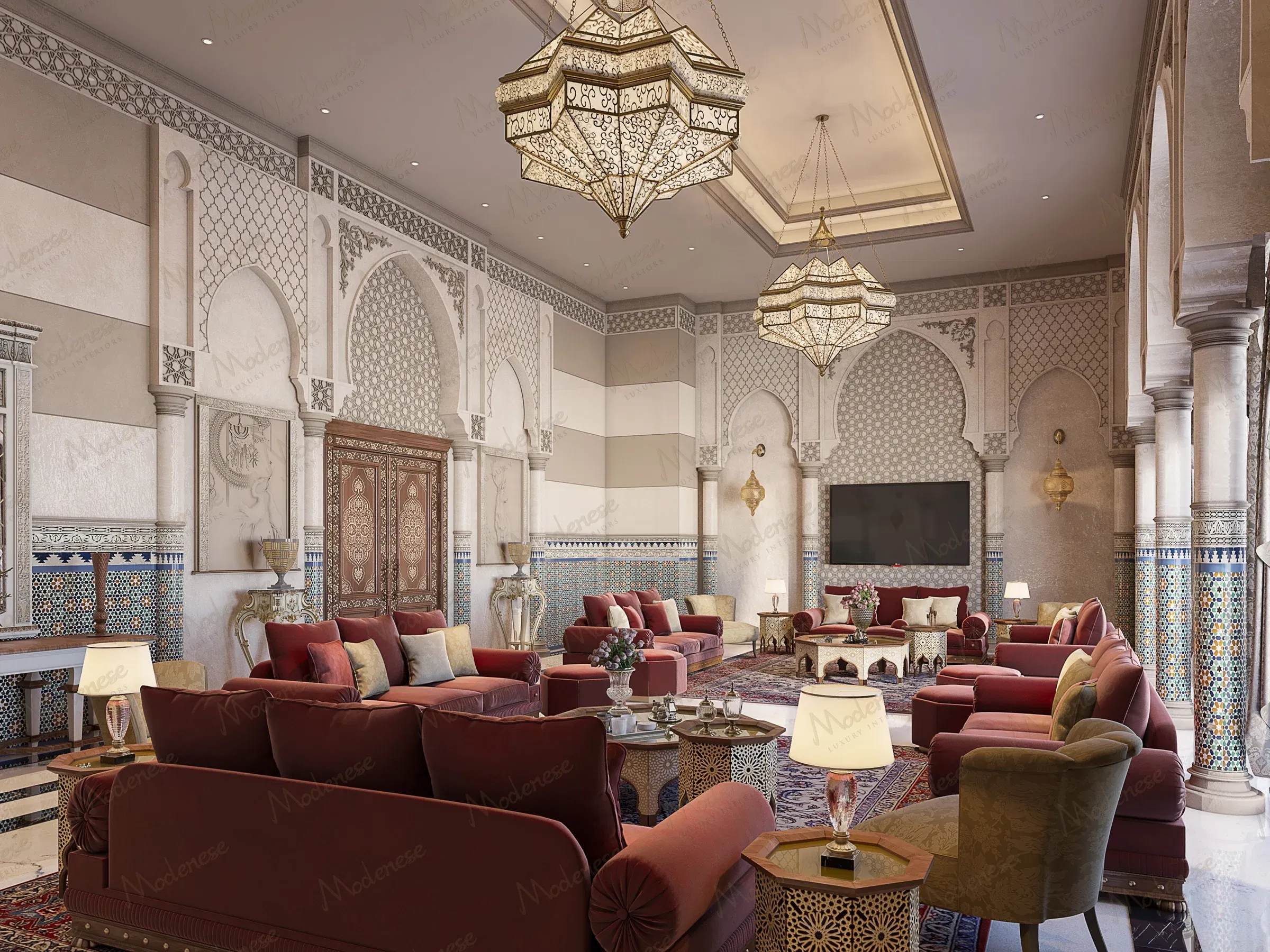 Роскошная гостиная во дворце в Багдаде со сложным геометрическим потолком, великолепной люстрой, красными бархатными диванами и мавританскими арками, обрамленными позолоченной решеткой и резными мраморными колоннами