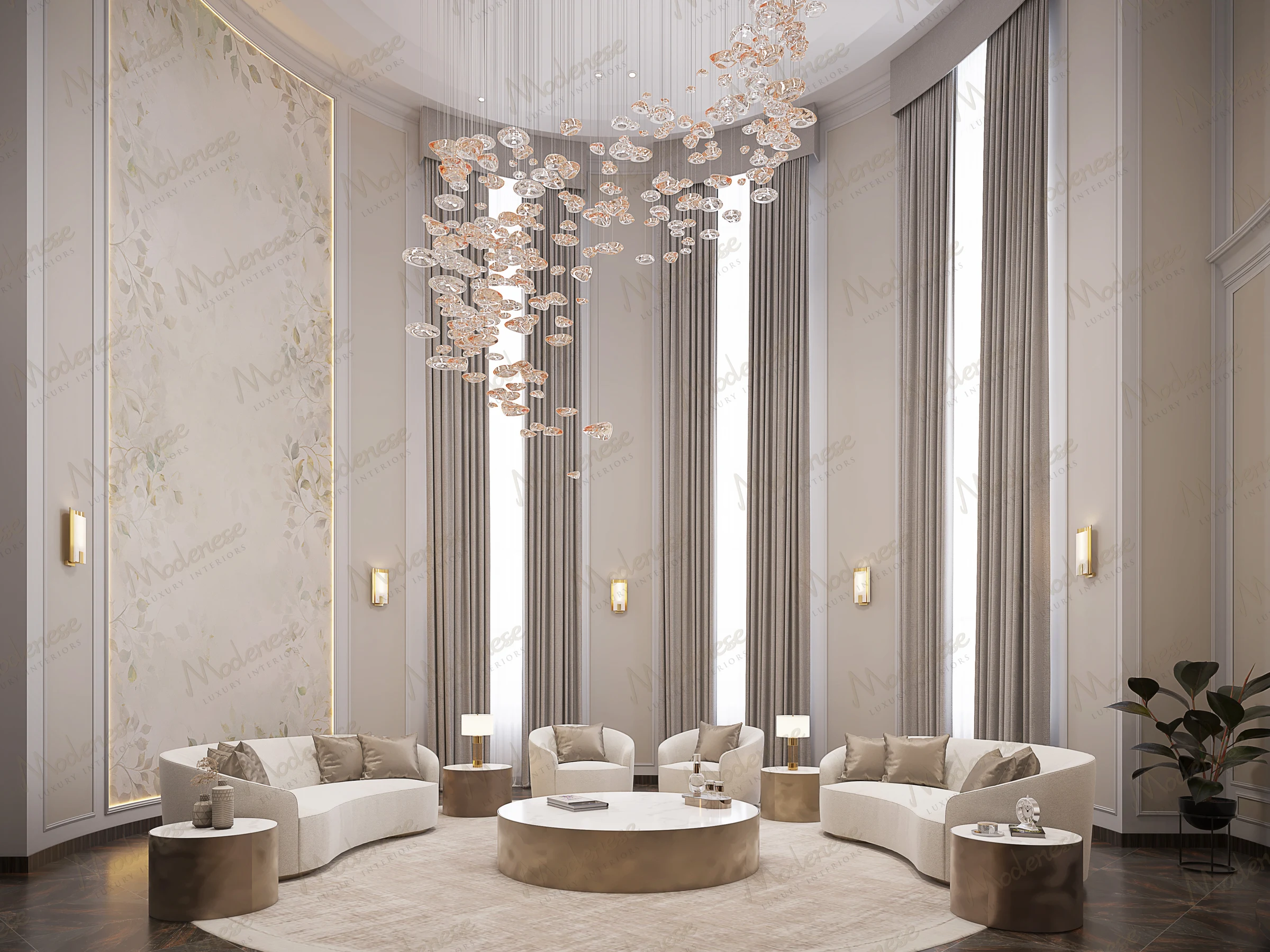 Contemporary circular lounge with tall windows, soft neutral furnishings, and a cascading modern chandelier of glass orbs