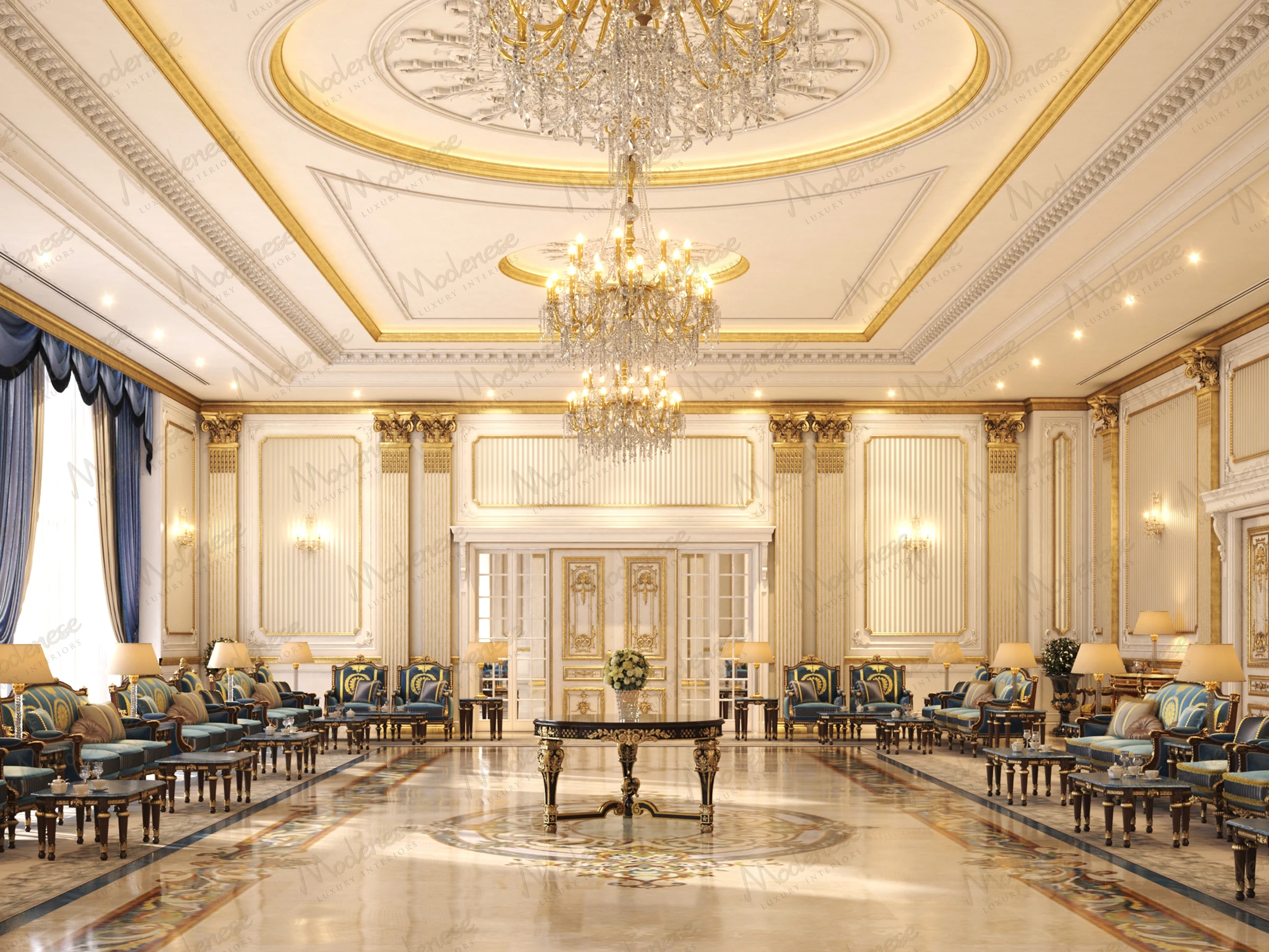 Majestic palace hall with golden accents, twin chandeliers, ornate wall panels, and a symmetrical seating layout along the marble floor