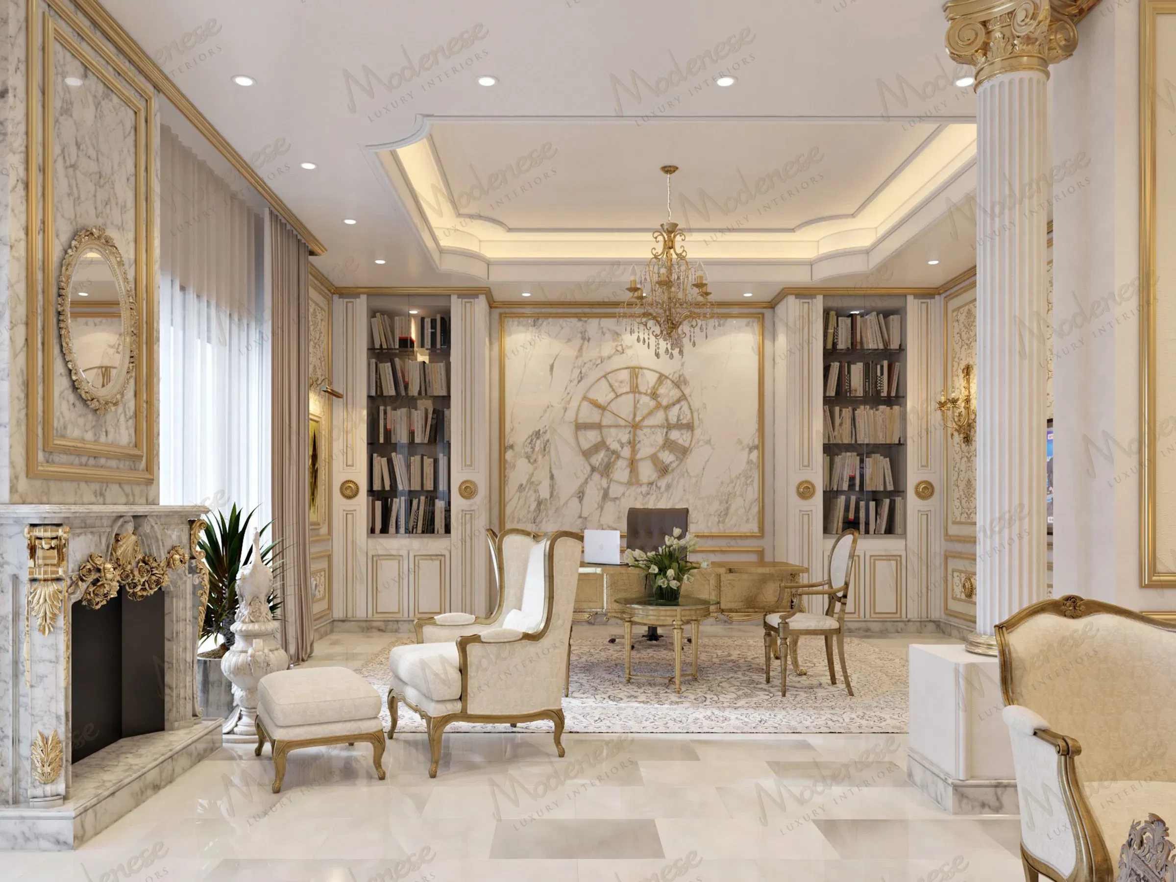 Luxurious executive office in Doha with marble-clad walls, gold accents, classic armchairs, and a central desk beneath an ornate chandelier