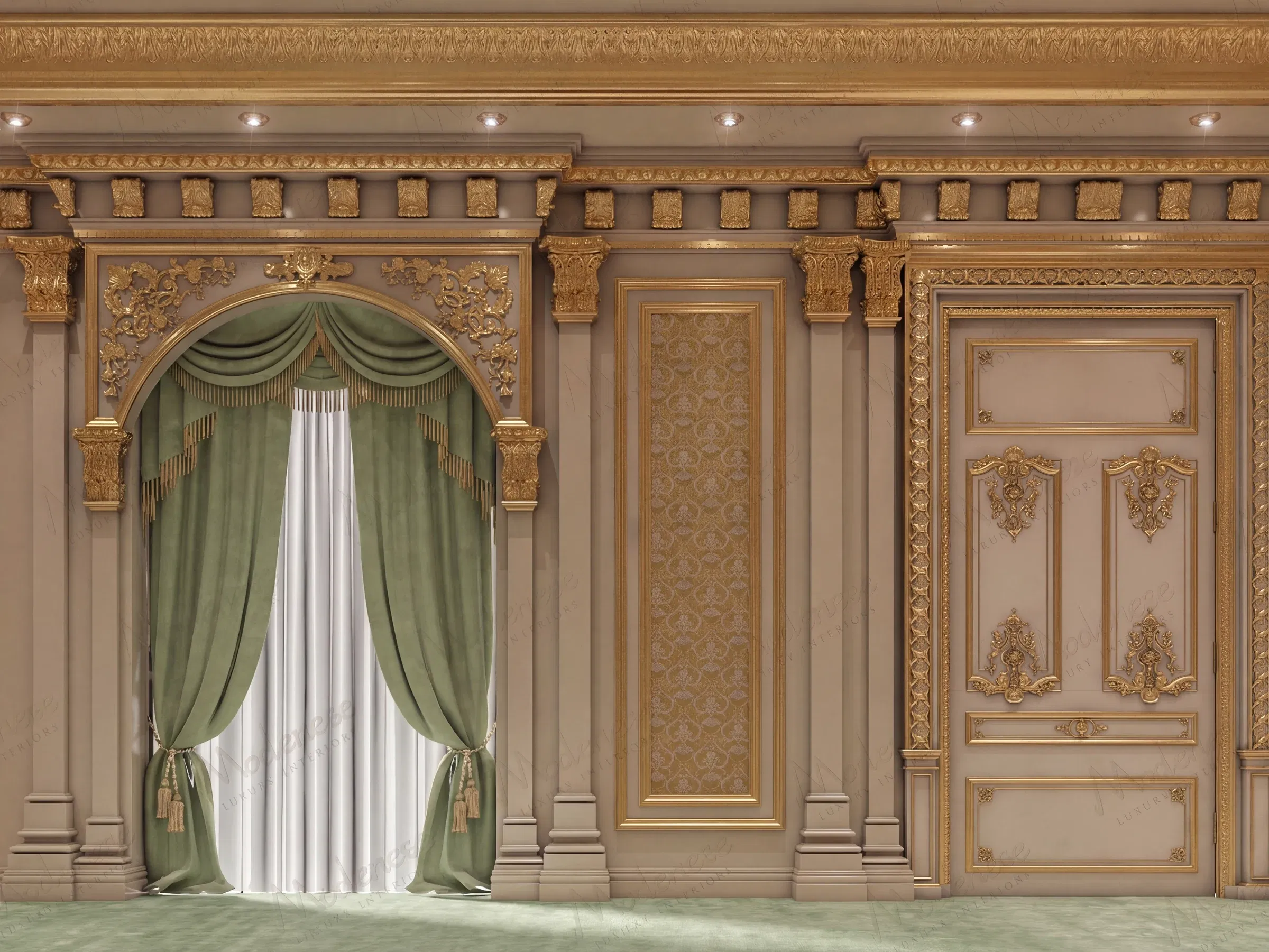 Mur de palais orné à Bagdad avec des draperies de velours vert, des rideaux en mousseline blanche et des moulures richement dorées encadrant une niche en arc détaillée et des portes doubles