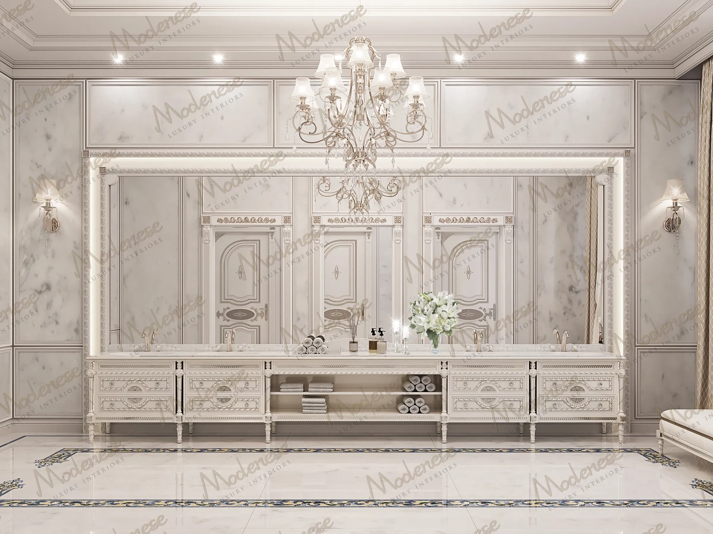 宏伟的新古典主义浴室展示了手工定制的意大利家具，采用宽敞的双梳妆台组合，带有雕刻细节和大理石台面。水晶吊灯、装饰性墙板和抛光石材地板表达了宫殿内饰和专为中东宫殿设计和利雅得豪华别墅内饰量身定制的专属室内建筑。