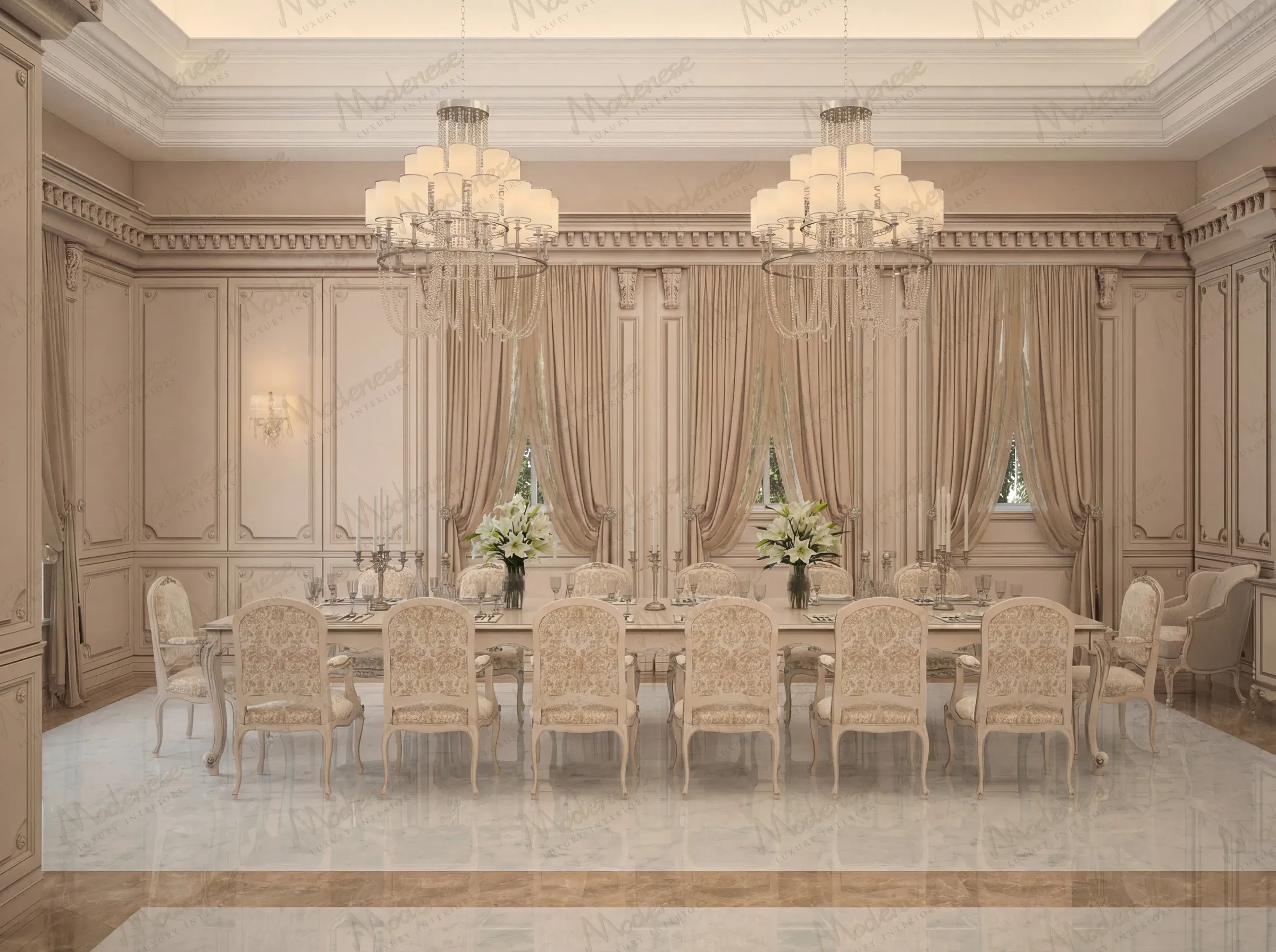 Elegant dining room in a Doha luxury villa featuring a long formal table with twelve upholstered chairs, twin crystal chandeliers, and floor-to-ceiling beige drapery