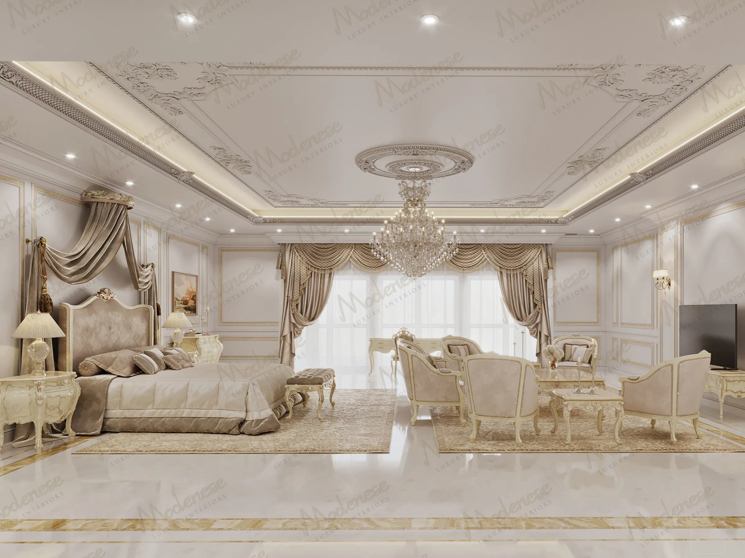 Expansive palace bedroom in Abu Dhabi featuring a lounge area, detailed ceiling moldings, gold-trimmed furnishings, and floor-length curtains